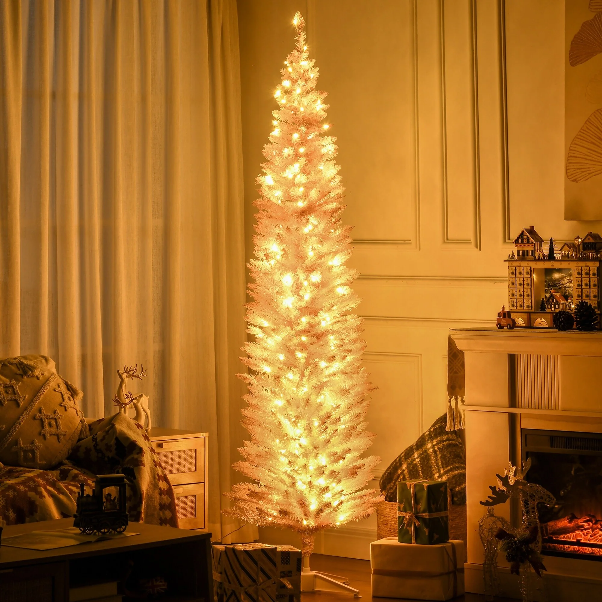 7' Slim Noble Fir Christmas Tree, Pre-Lit with 200 Warm White LEDs, 499 Tips, Flame Retardant, Space-Saving Design