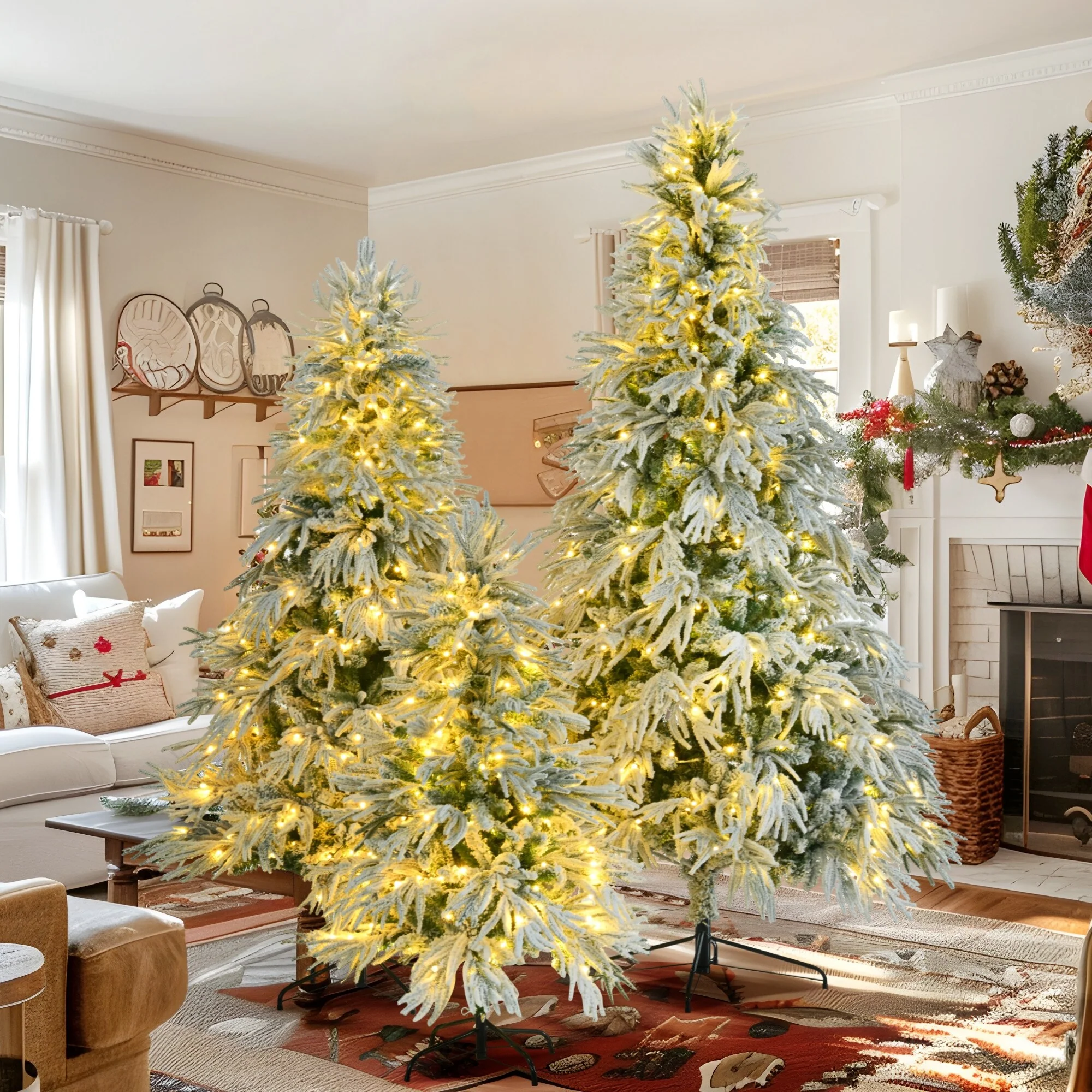 Pre-Lit Spruce Snow Flocked Christmas Tree Set-4FT,6FT,7.5FT,800 Warm-Yellow & Colorful LED Lights,8 Flashing Modes - N/A