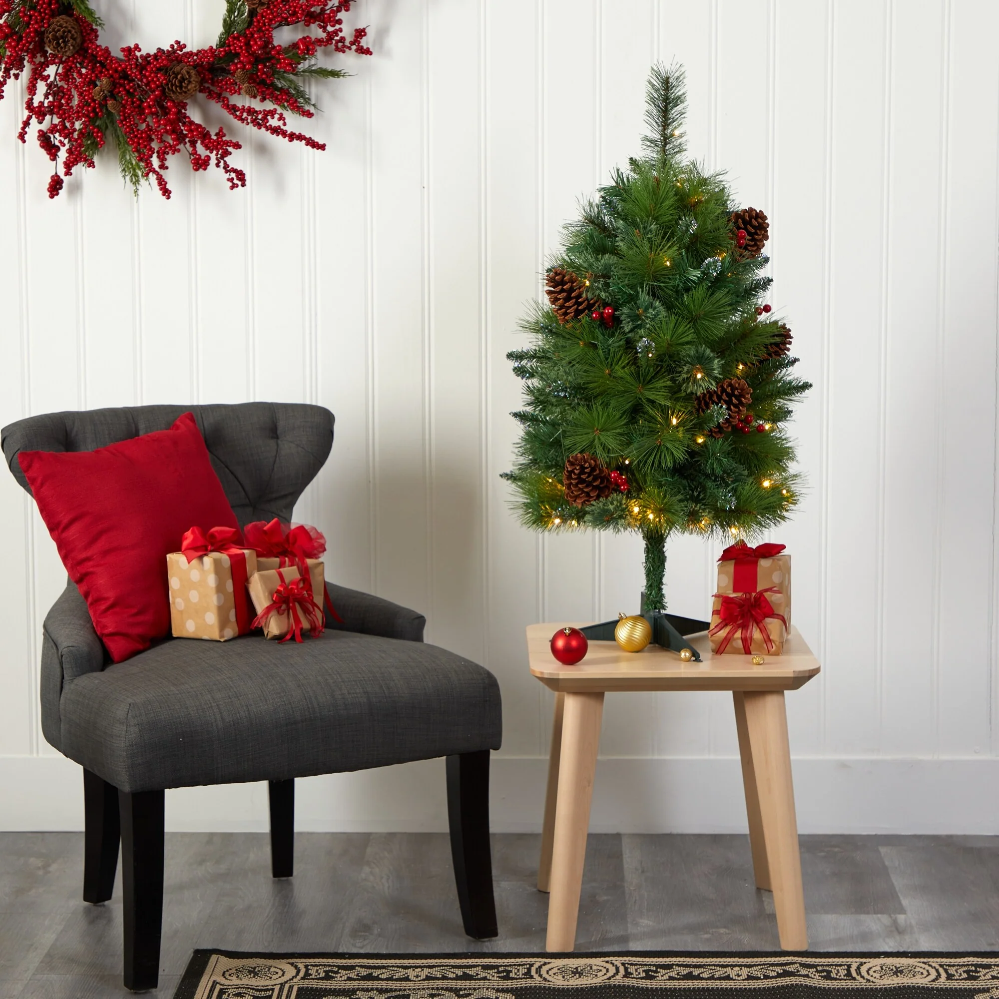 3’ Pre-Lit Montana Pine Artificial Christmas Tree, Warm Clear LED Lights - 3 Foot