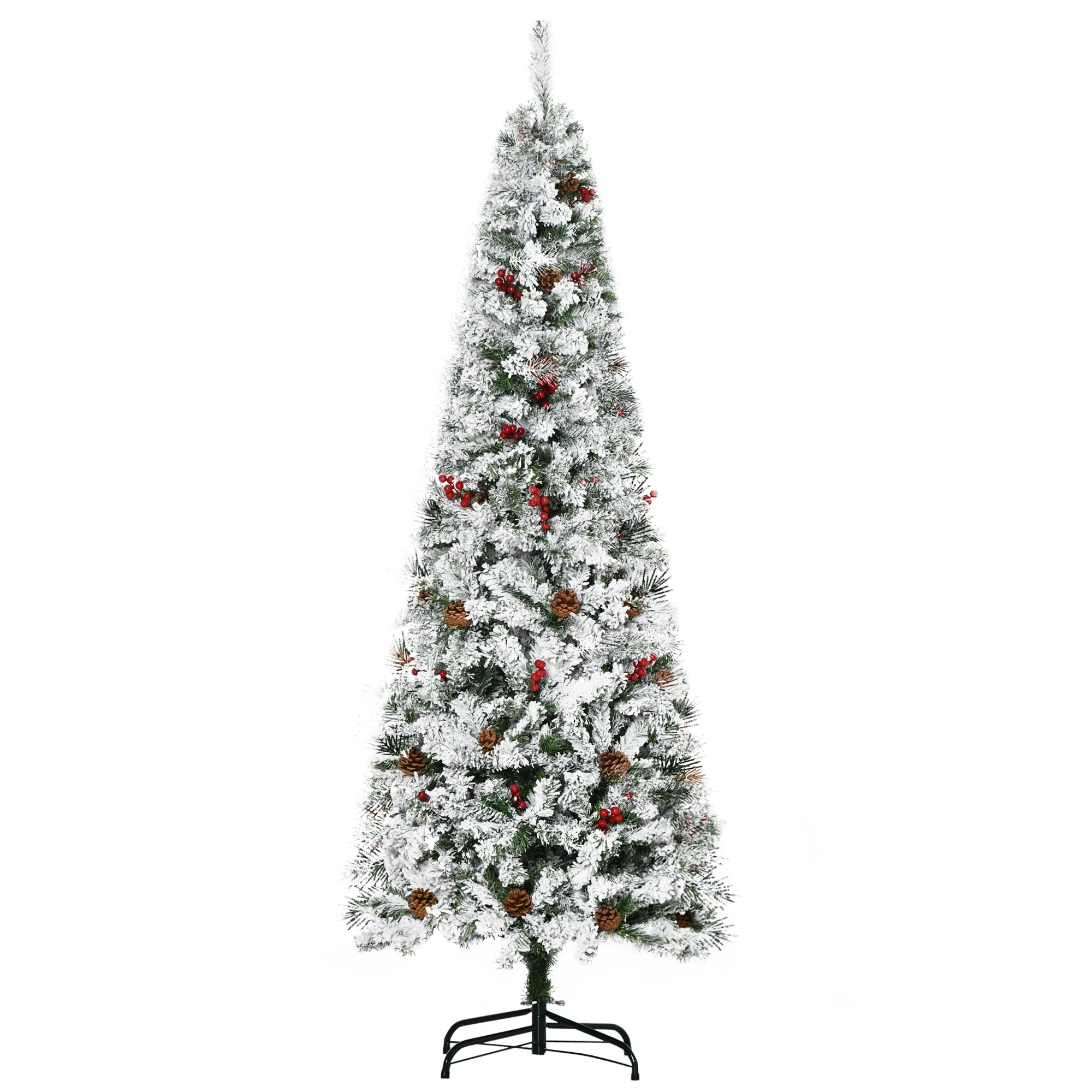 6-Foot Tall Pencil Christmas Tree with Snow Flocked Leaves, 600 Tips, Pine Cones, and Red Berries - Easy Assembly