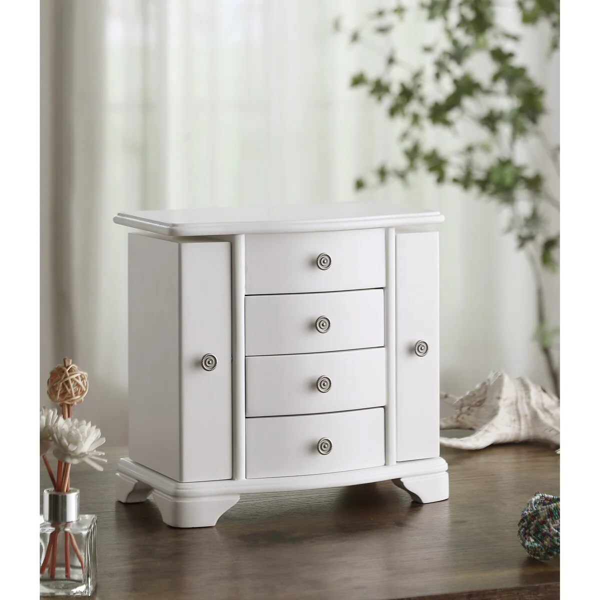 Snow White Wood Jewelry Box with 3 Drawers and 2 doors - 6*10*9.5inch
