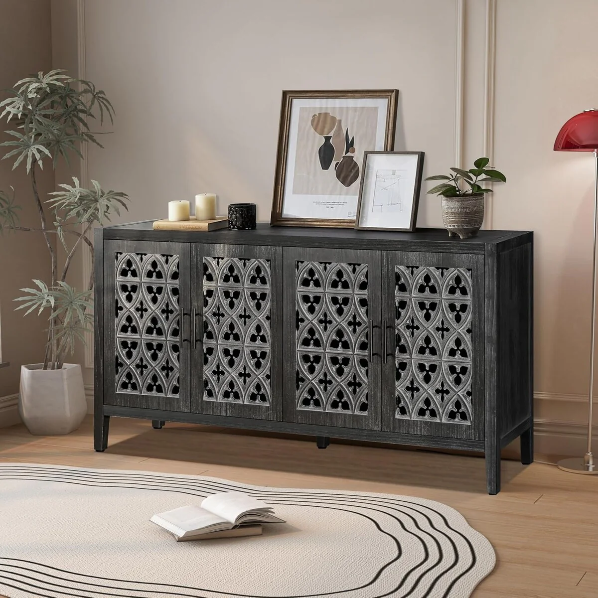 Roomfitters Hollow Four Door Antique Cabinet - American Country Style, Ideal for Living Room, TV Cabinet, Kitchen