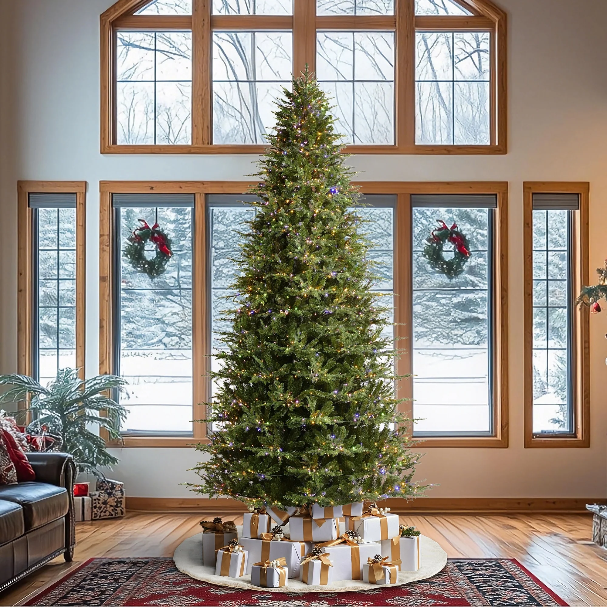 Glitzhome 7.5ft/9ft/11ft Pre-Lit Green Full Fir Artificial Christmas Tree with 1800/2450/3200 LEDs Simple Setup