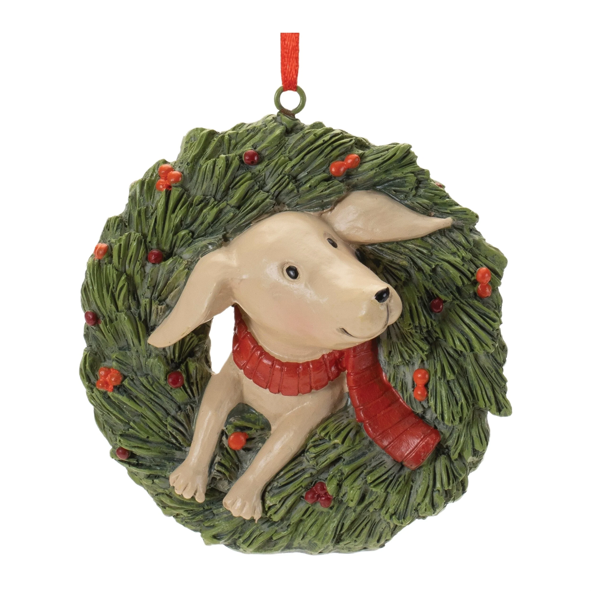 Cat and Dog Christmas Ornaments Set in Pine Wreath Holiday Decor - 3.75