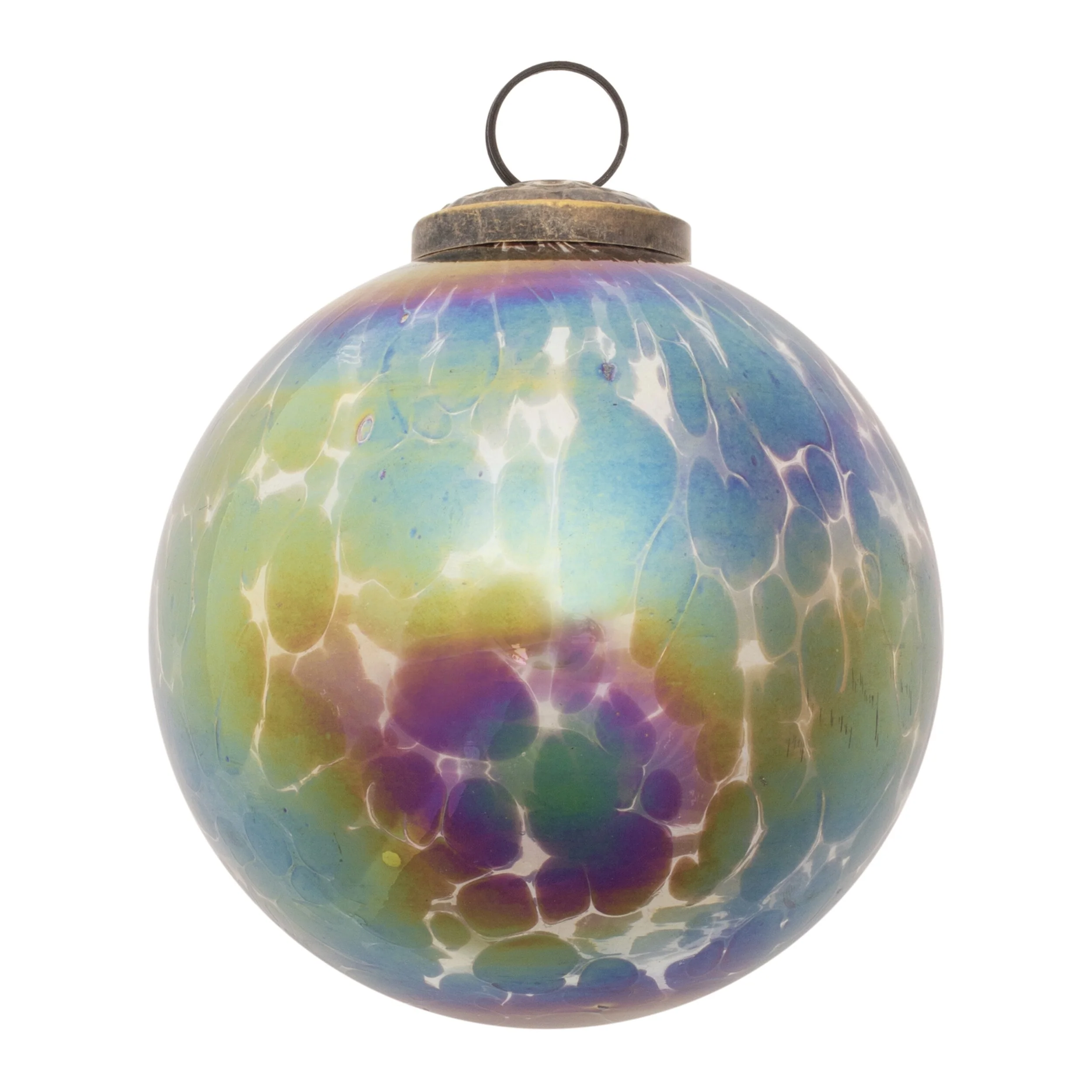 Glass Iridescent Ball Ornaments Set of 12with Brass Caps - 3.5” x 3.5” x 4” (L x W x H)