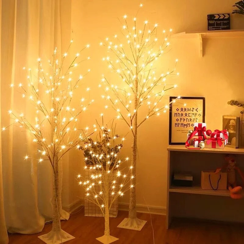 3 Piece Pre-lit Artificial Christmas Tree Set with Warm White Lights, Twinkle LED Birch Tree for Wedding, Festival, Party