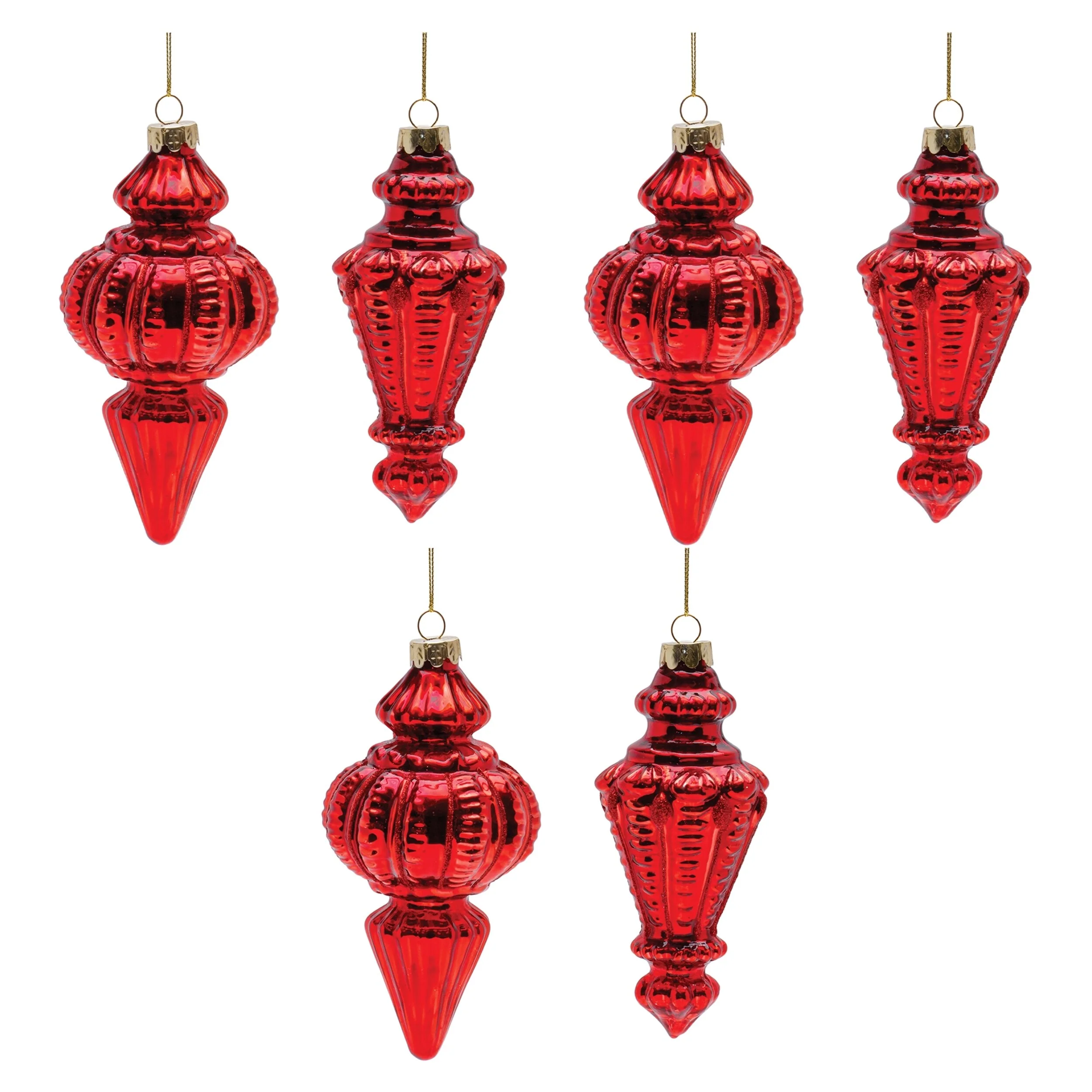 Set of 6 Glass Christmas Tree Ornaments with Red Finial Design - 3
