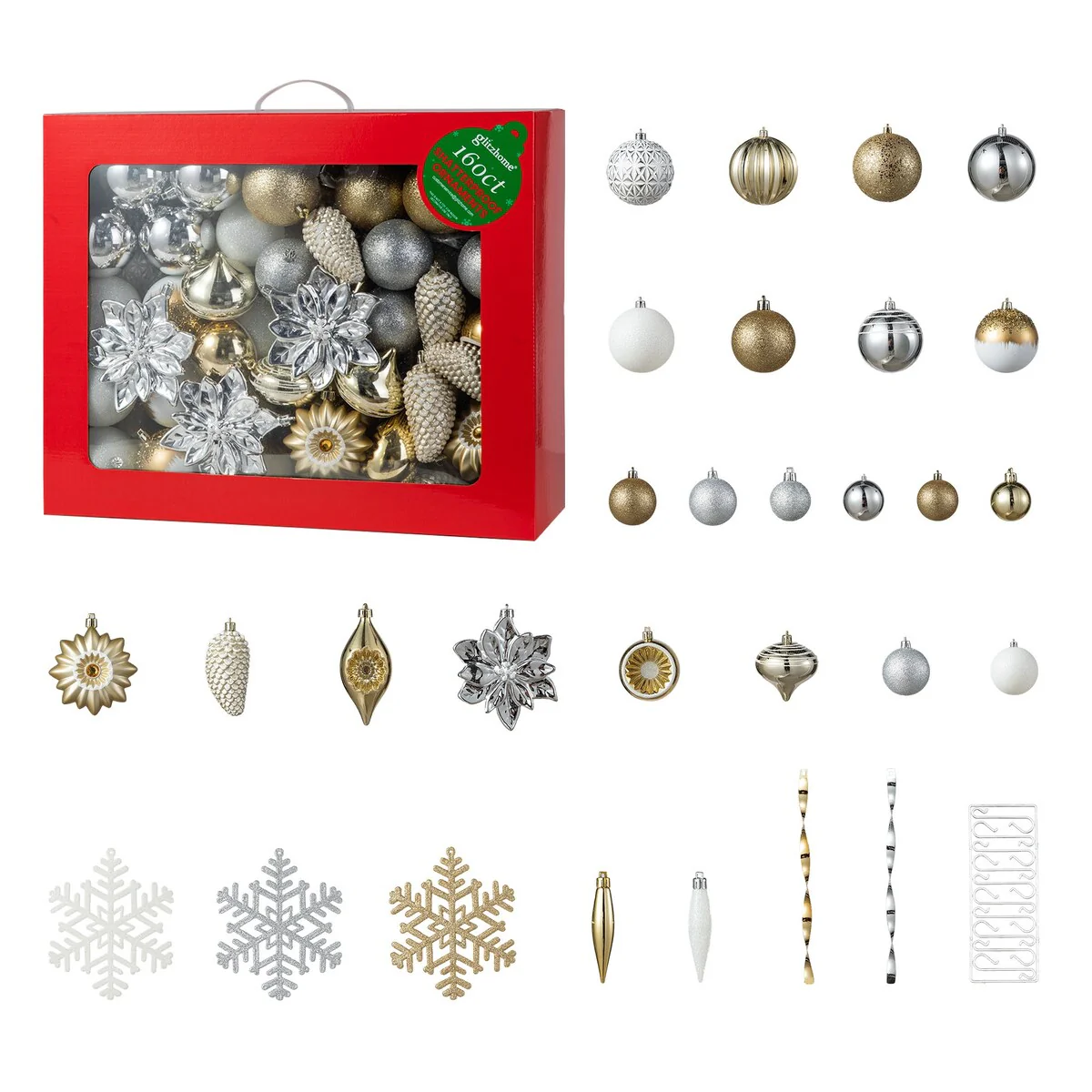Glitzhome 160ct Christmas Elegant 29-Finish Ball Boxed Shatterproof Ornaments