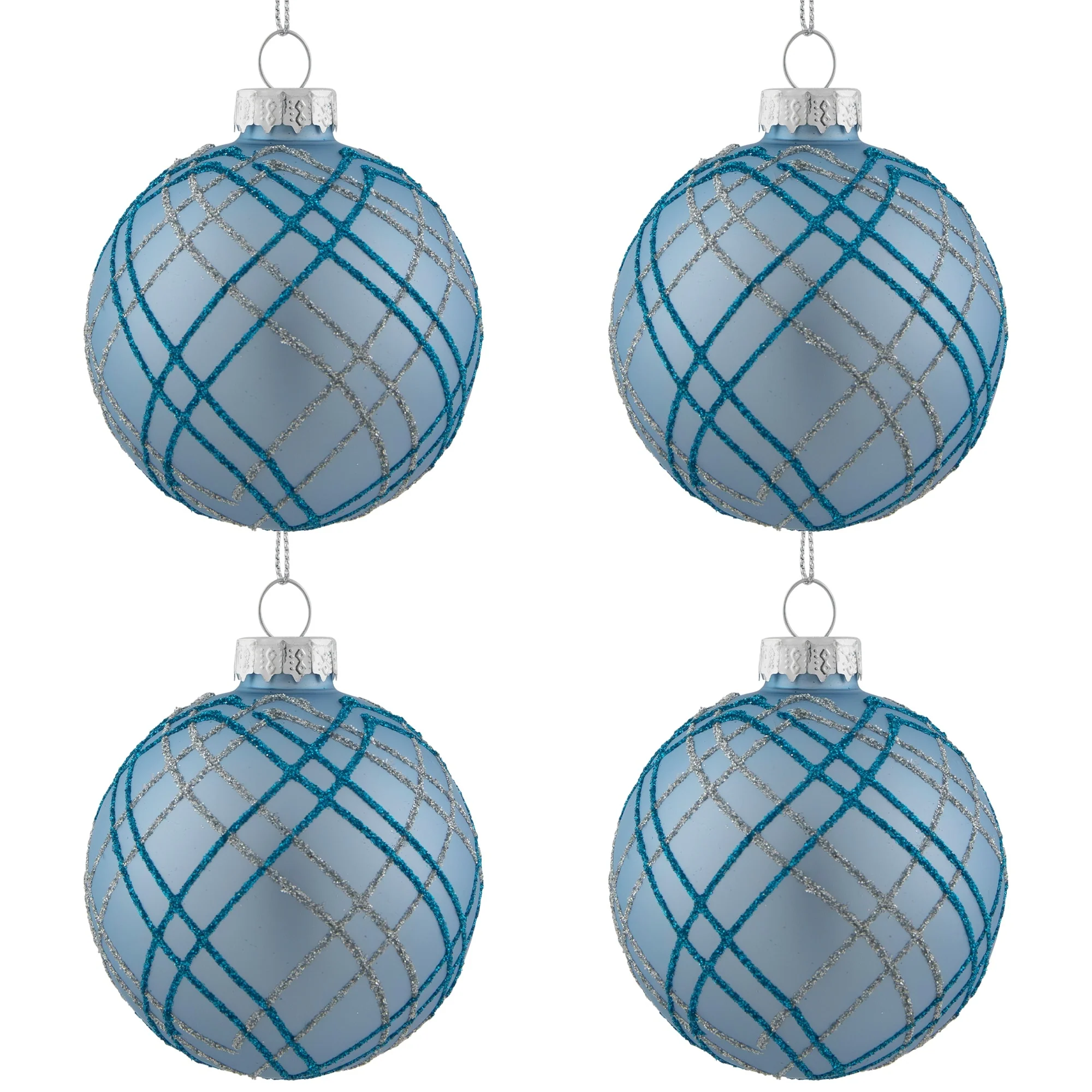 4ct Blue Silver Plaid Glitter Glass Christmas Ornament Set 2.75