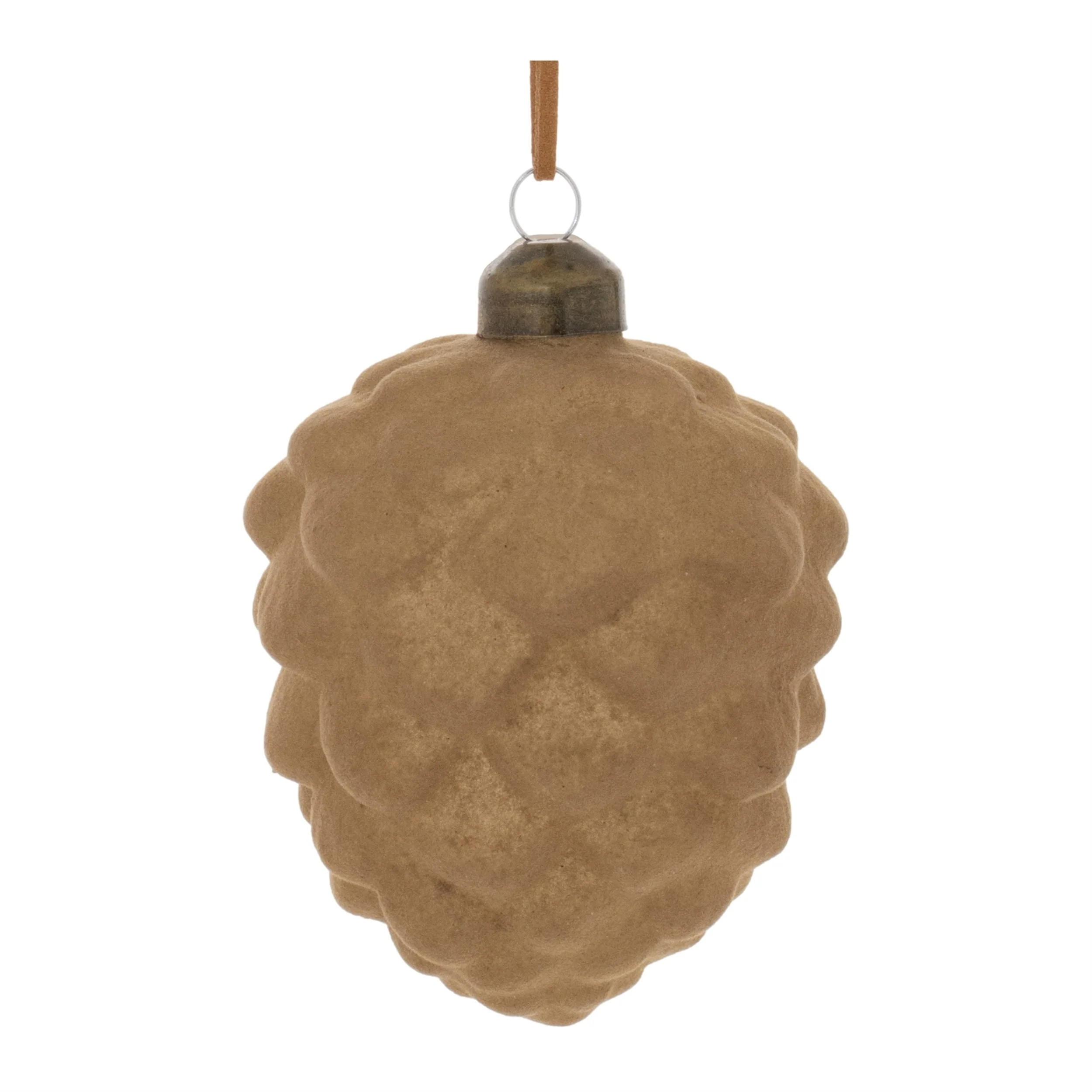 Brown Flocked Glass Pinecone Ornaments with Leather Cord Set of 12 Rustic Decor - 2.75” x 2.75” x 3.75” (L x W x H)