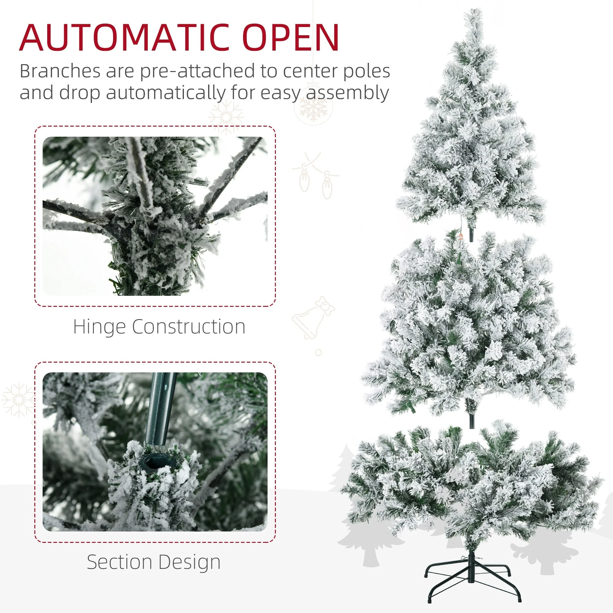 Tall Prelit Artificial Christmas Tree Holiday Décor With Snow Flocked Branches, Warm White Or Colorful Led Lights, Steel Base