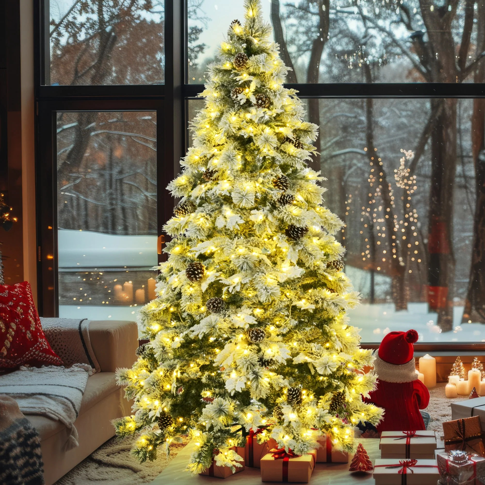 Vivid 7.5FT Pre-Lit Spruce Christmas Tree, Snow Flocked with Pine Cones, 11 Flashing Modes and Multi-Color Lights