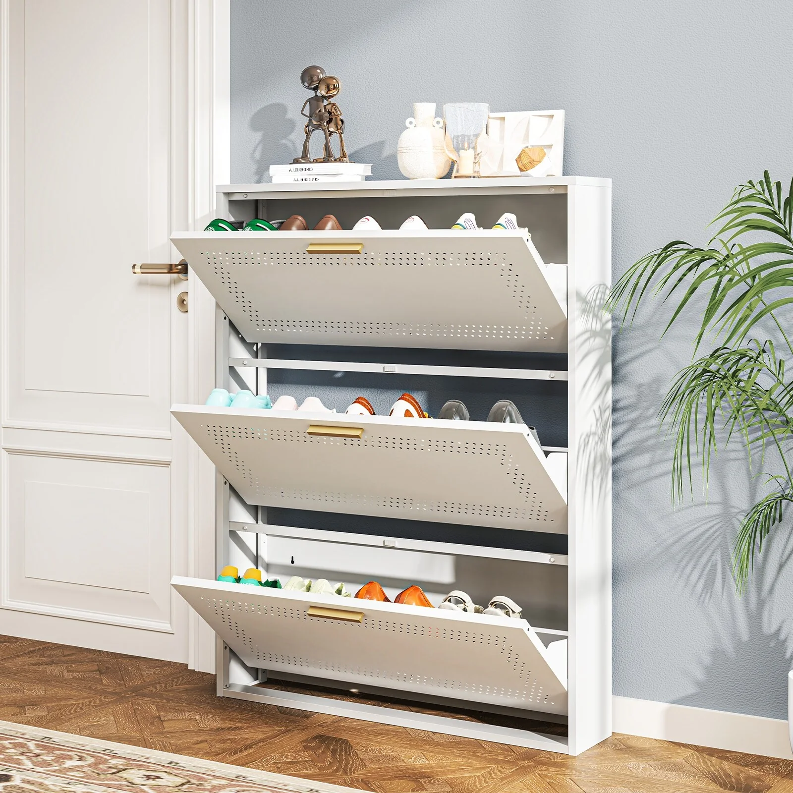 Metal Shoe Storage Cabinet with 3/4 Flip Drawers, Breathable & Space Saving