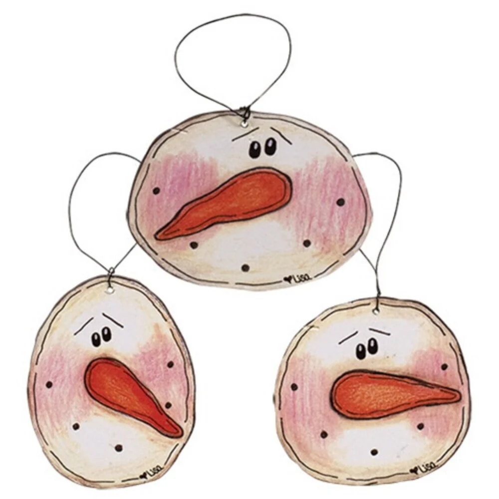 Handcrafted Wooden Snowman Face Ornaments Set of 3 Rustic Winter Decor - 3.25” high by 2.5” wide