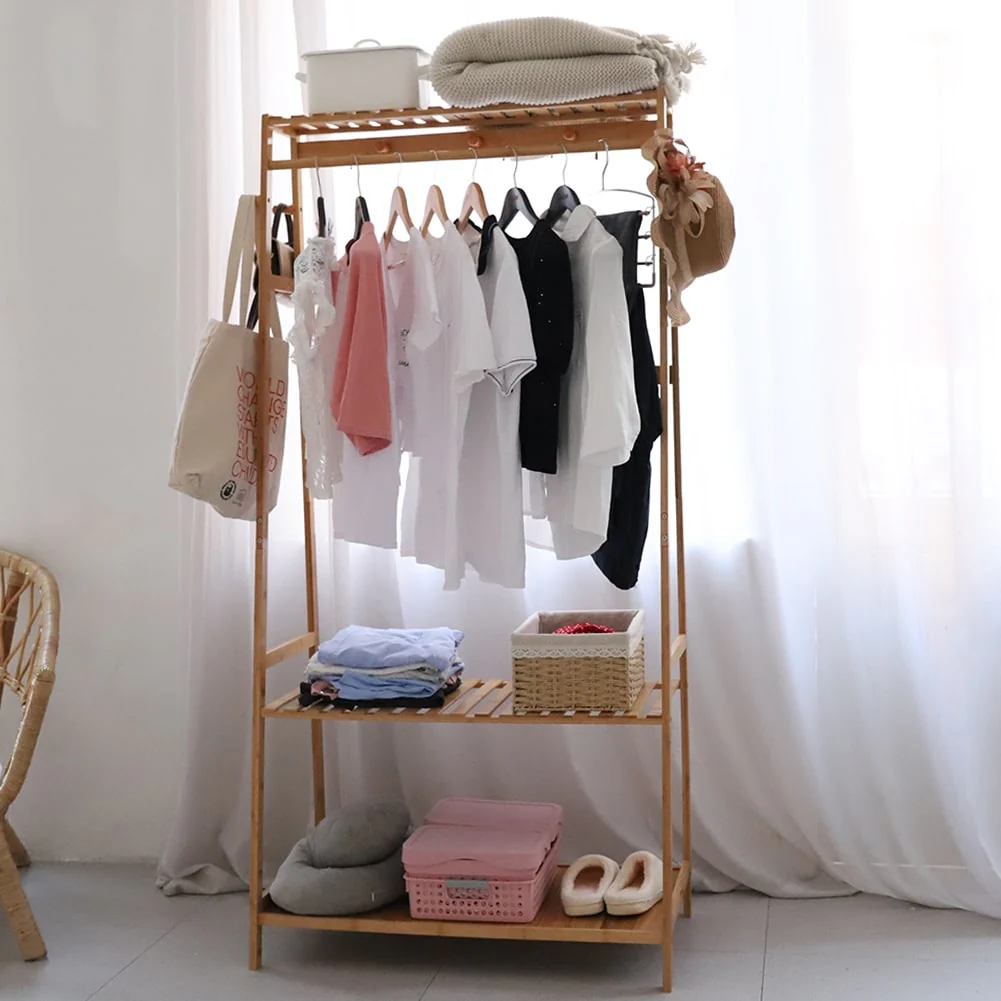 Bamboo Garment Coat Clothes Hanging Heavy Duty Rack with Top Shelf - 31 in. x 65 in.x 17 in.