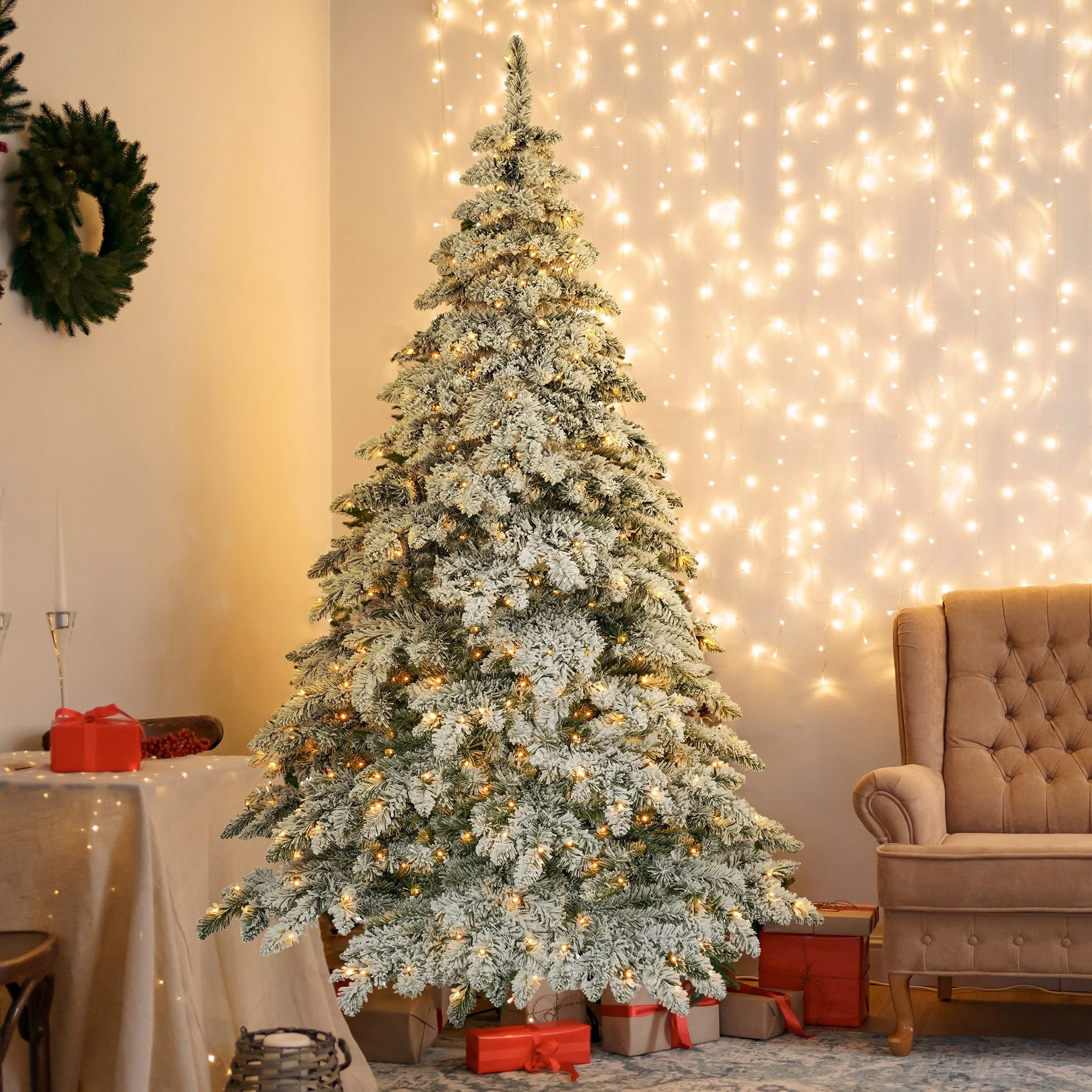 Pre-Lit 7.5ft Christmas Tree with 400 LED Lights, 1050 Bendable Branches and Snow Effect, Xmas Tree Decorations for Holiday