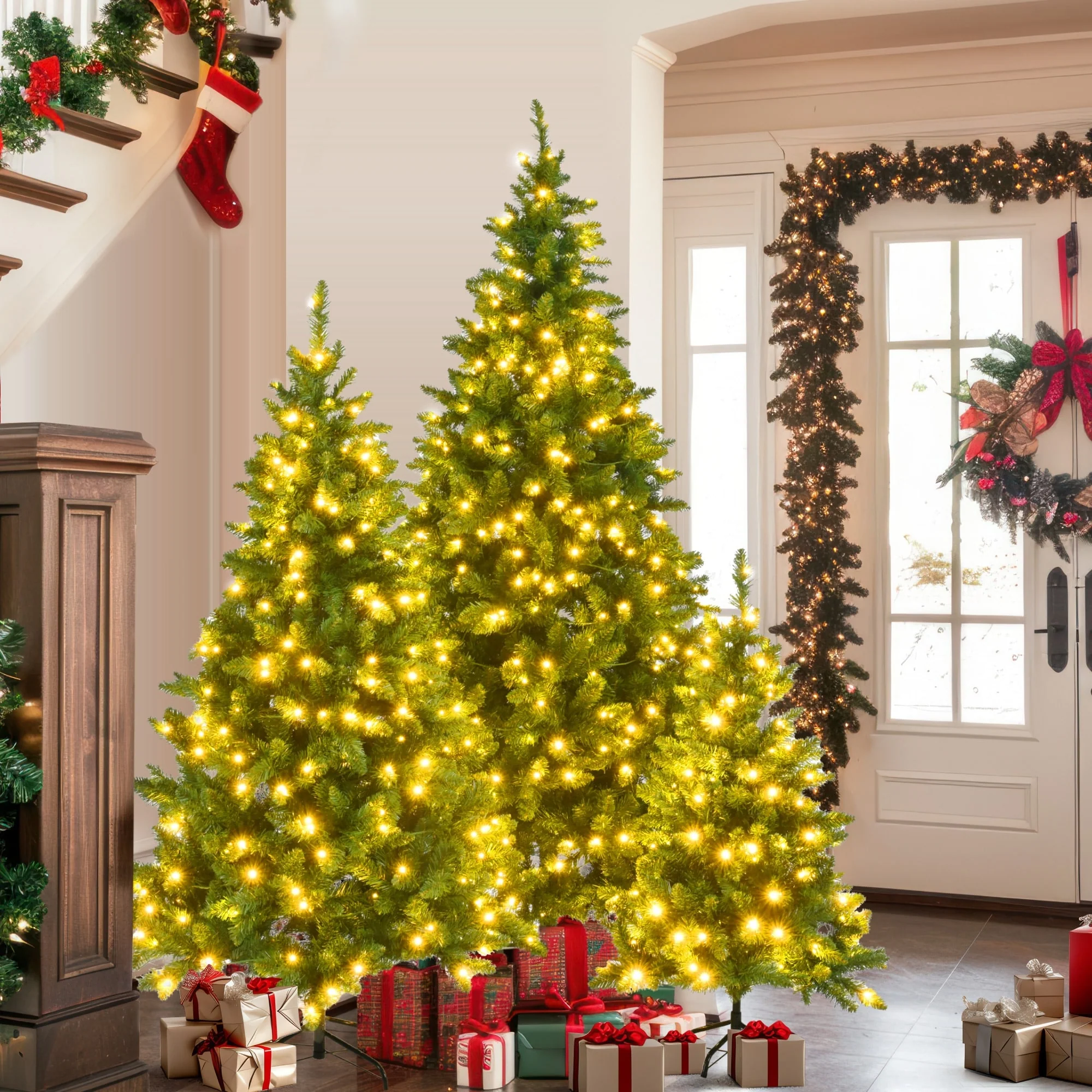 8FT, 6FT, 4FT Artificial Christmas Tree Set with Hinged Green Pine, 820 Warm LED Lights, 2539 Tips for Home & Office