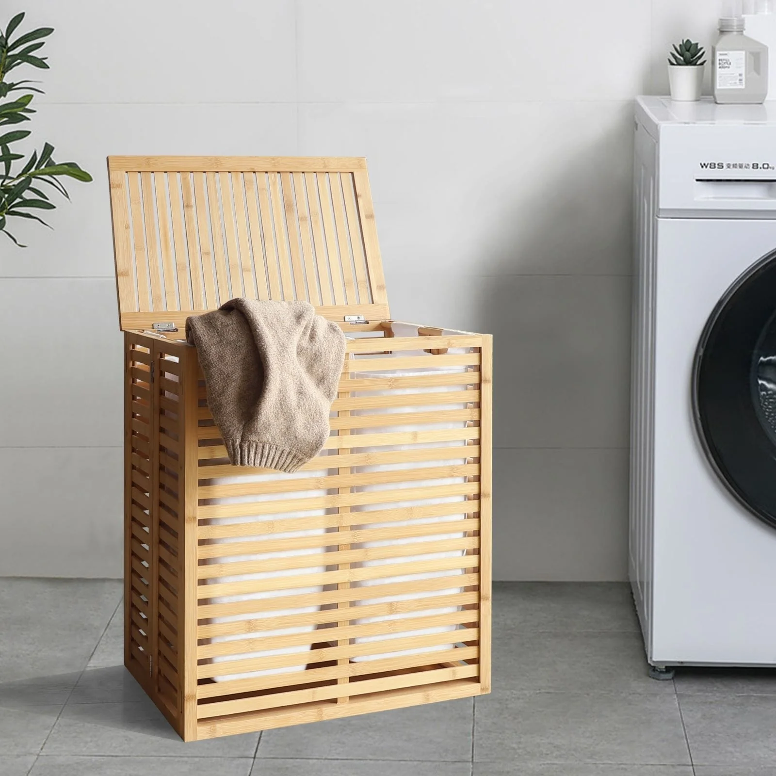 VEIKOUS Bamboo Divided Hamper Laundry Basket with Lid and Removable Liner Bags, 2 Section - 22''W x 25.3''H x 14''D