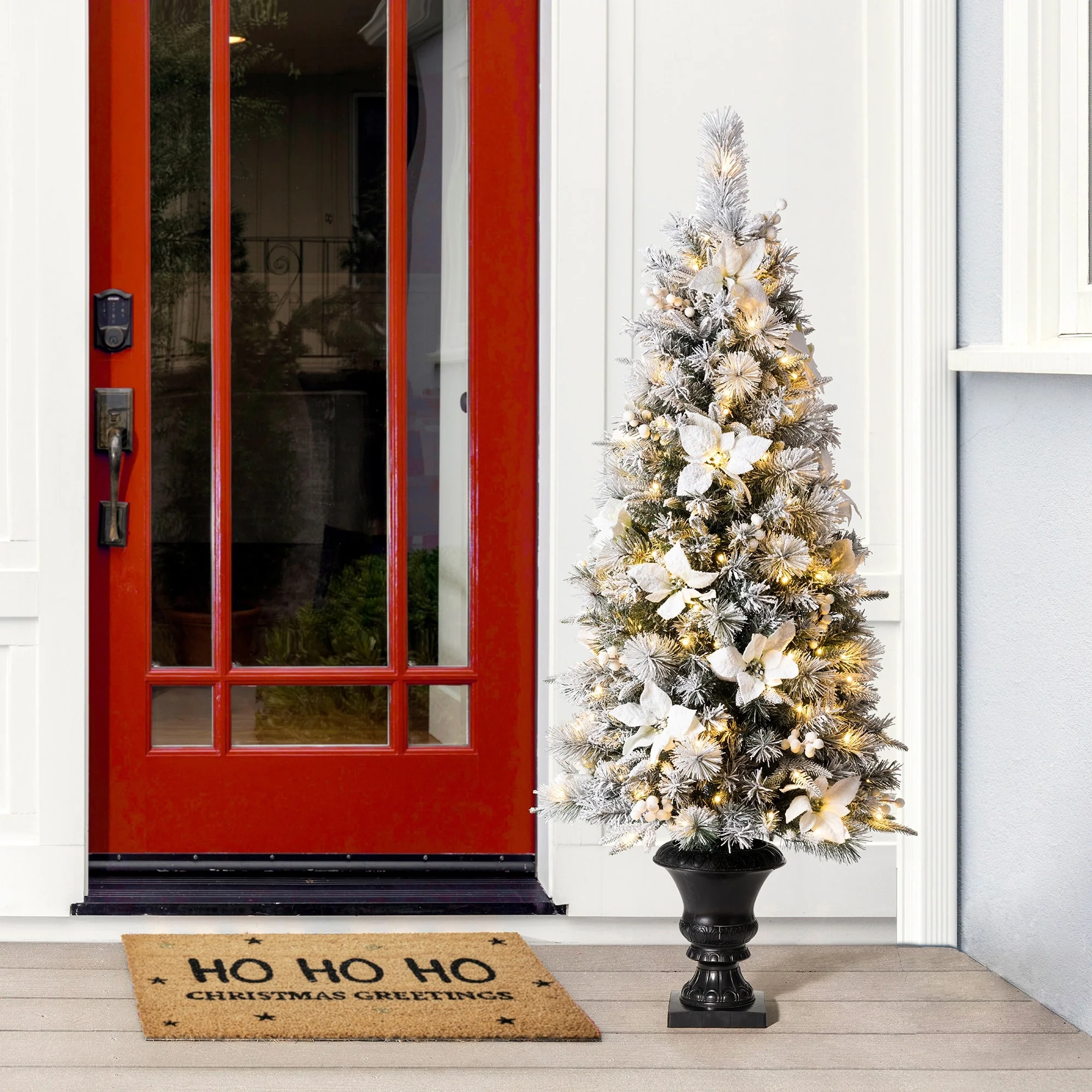 Glitzhome 5FT Pre-Lit Flocked Pine Artificial Christmas Porch Tree with 150 Warm White Lights and Poinsettia