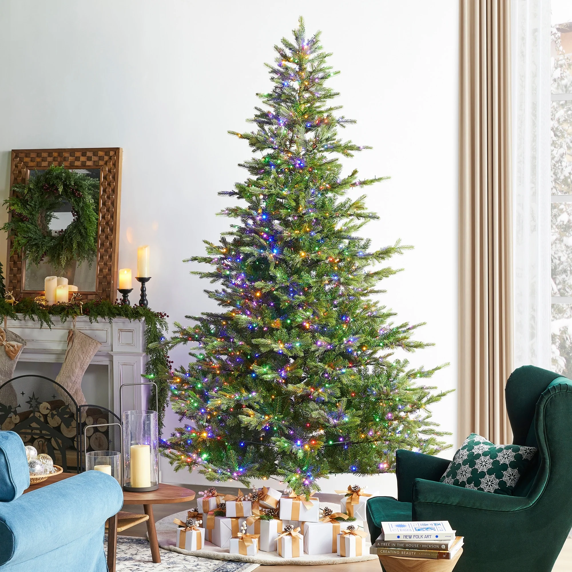 Glitzhome 7.5ft/9ft Pre-Lit Full Fir Artificial Christmas Tree w/Foot Pedal & Remote Control Simple Setup