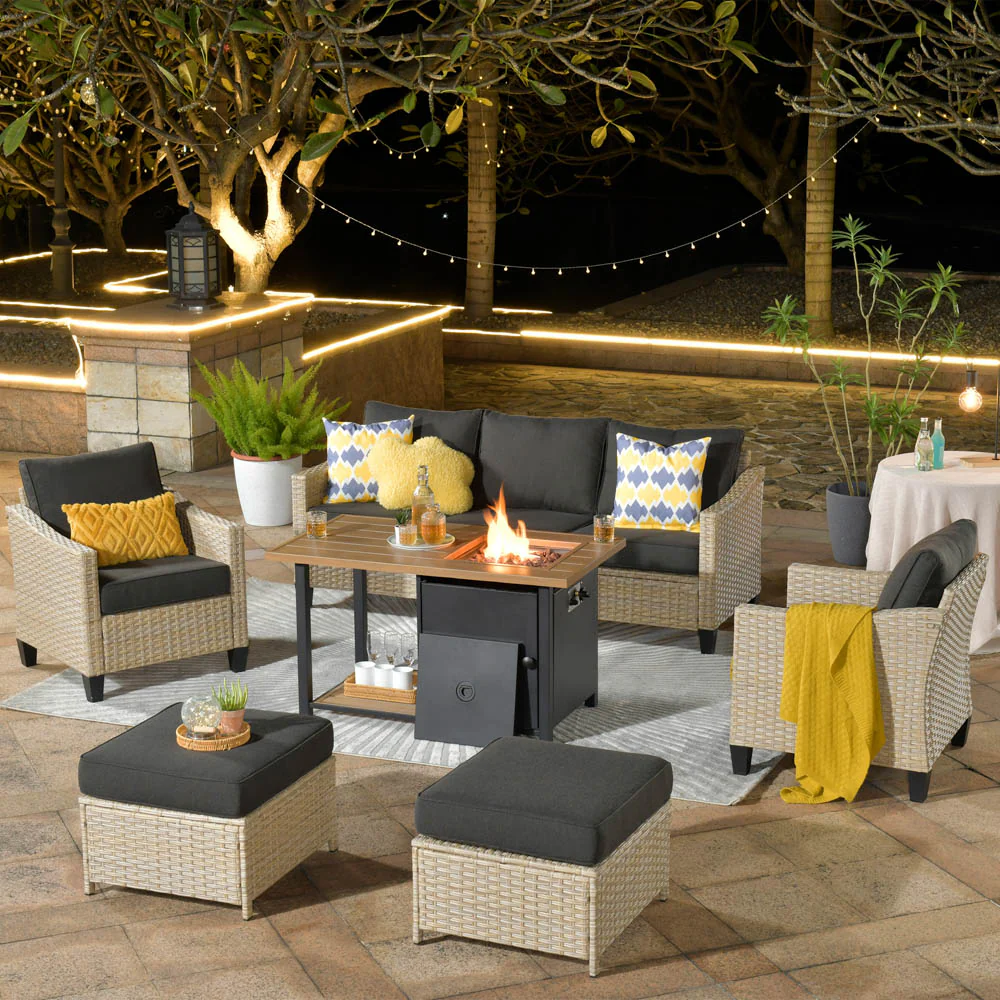 Ovios Athena Series Outdoor Patio Furniture Set 6-Piece with 46'' Double Layer Rectangle Fire Pit Table