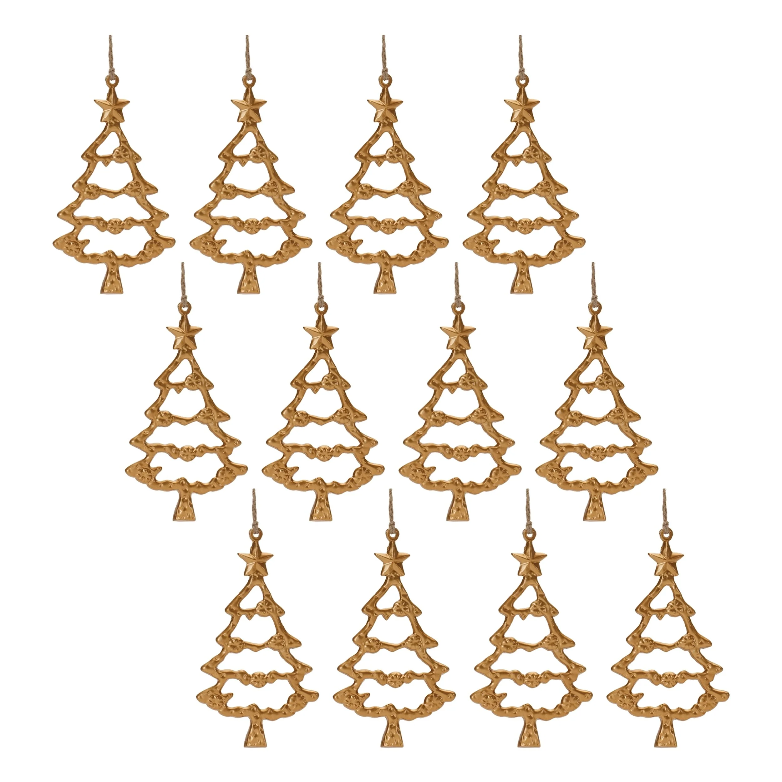 Set of 12 Metal Tree Ornaments 6 Inch Gold Indoor Holiday Decorations - 3.5” x 0.5” x 6”