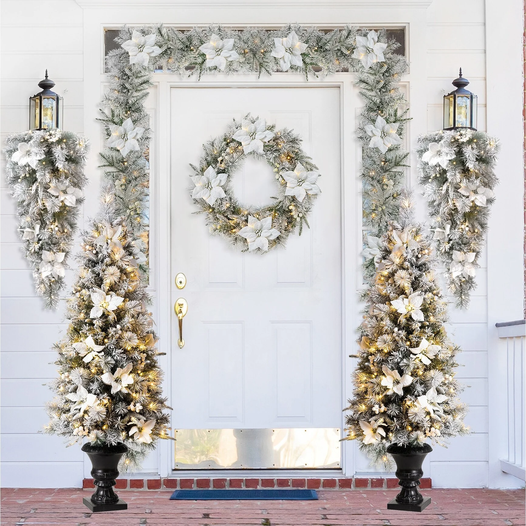 Glitzhome 5FT Pre-Lit Flocked Pine Artificial Christmas Porch Tree with 150 Warm White Lights and Poinsettia