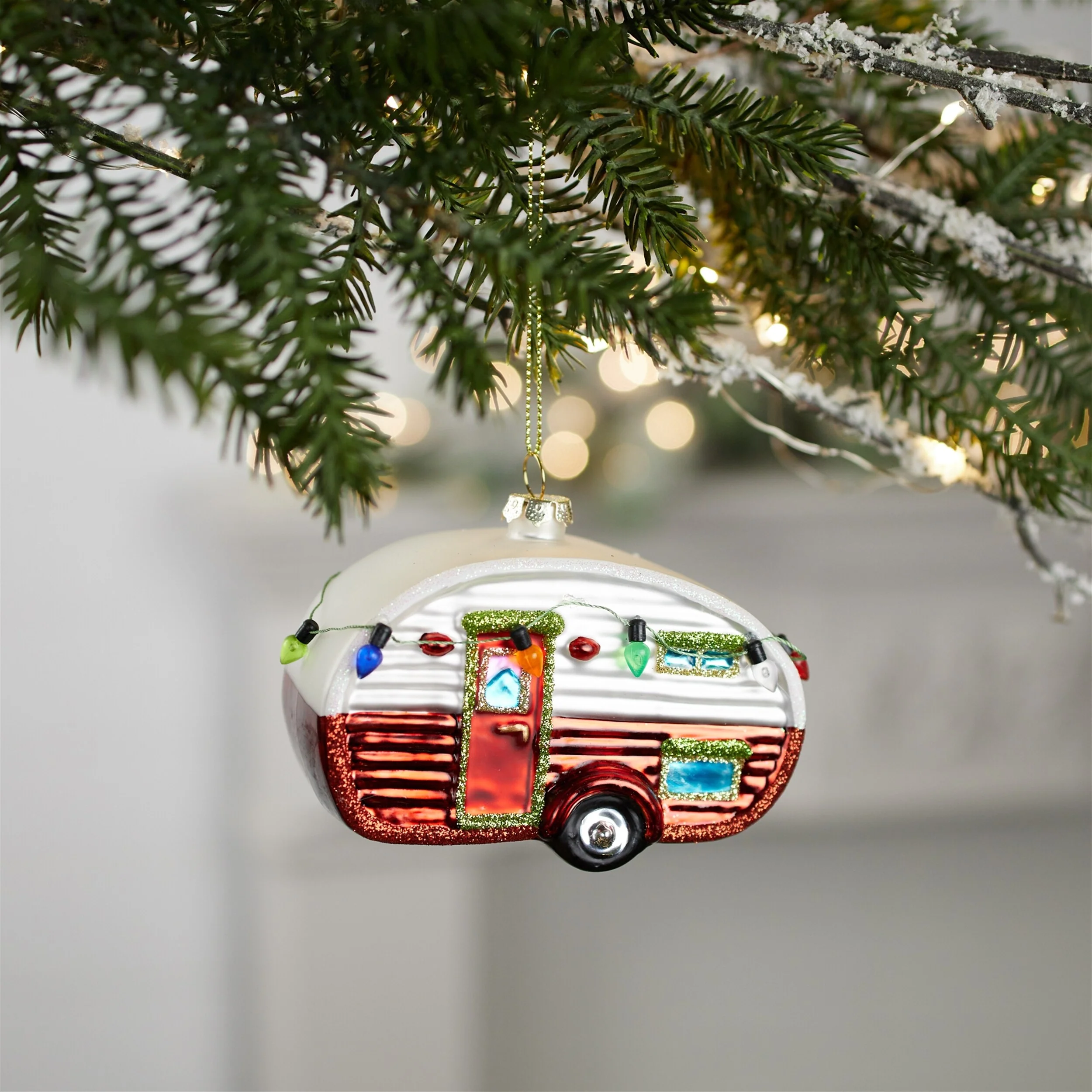 Set of 12 Red and White Glass Camper Ornaments with Festive Glitter Details for Holiday Decorating - 4”L x 2”W x 3”H