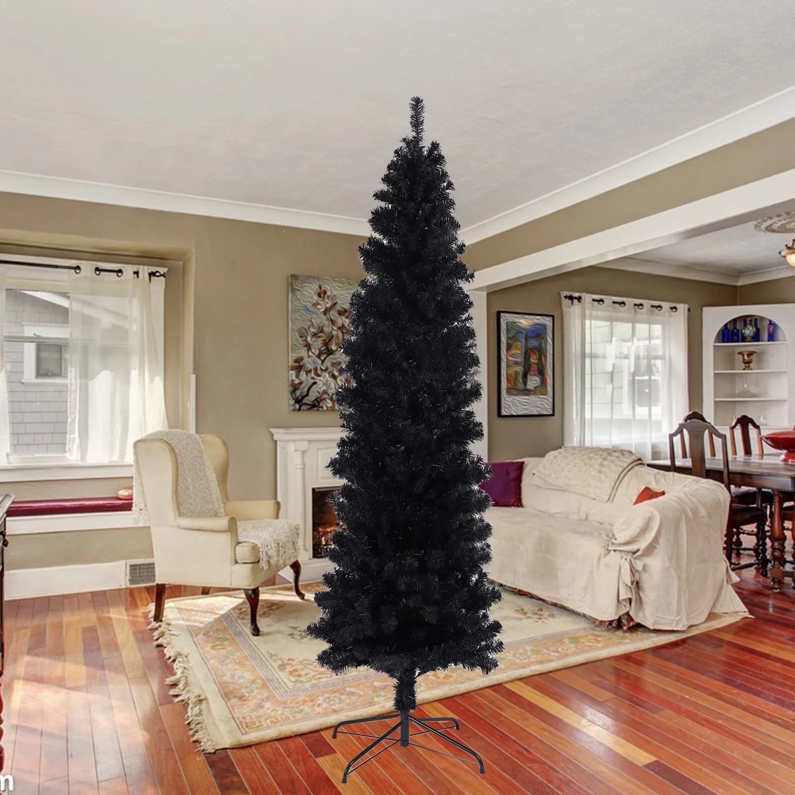 7.5FT Black Slim Artificial Tree, Perfect for Small Spaces, Easy Setup with Foldable Stand & 1000 Tips