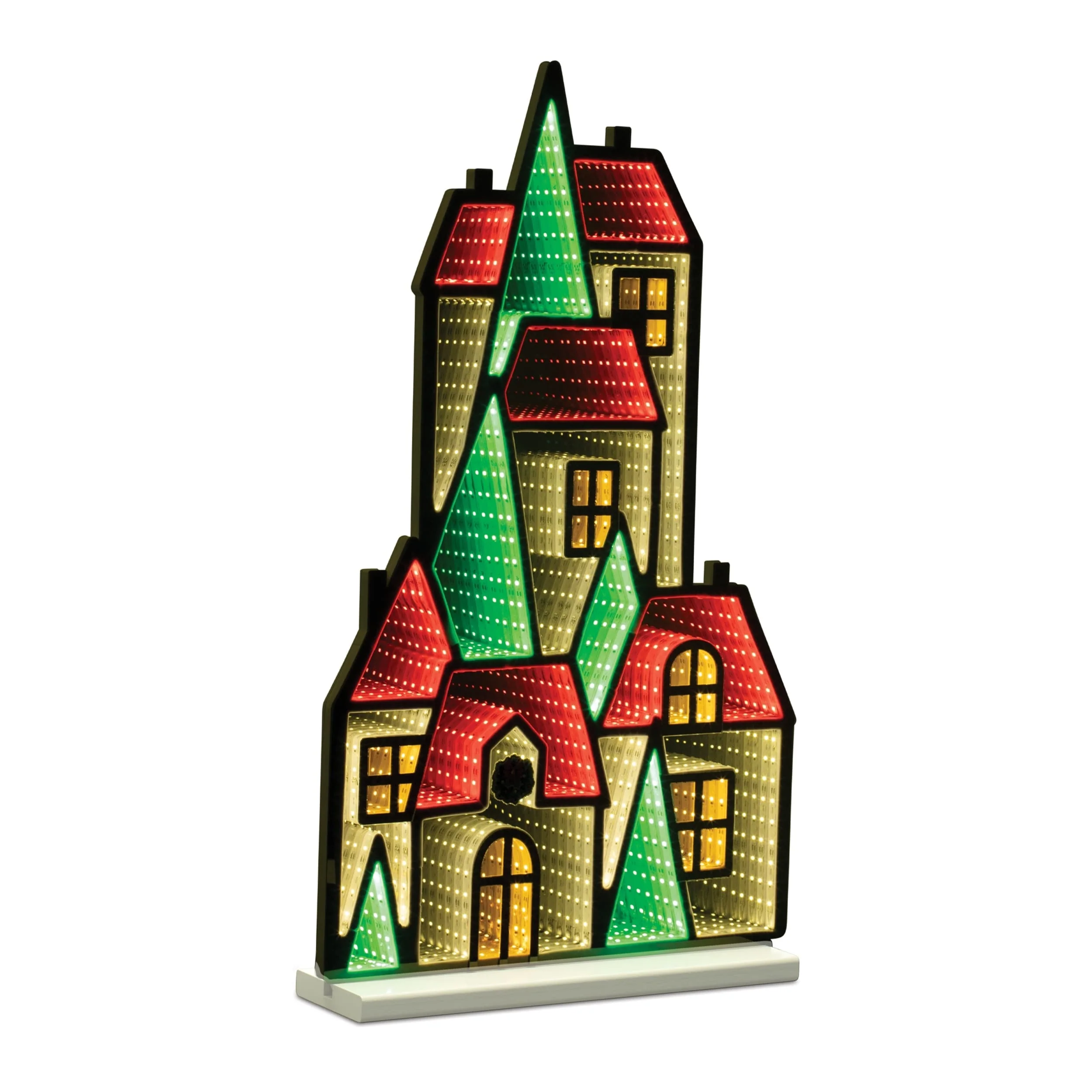 Acrylic Winter Village House with Infinity Lights and Pine Accents - 16.5” x 4” x 28” (L x W x H)