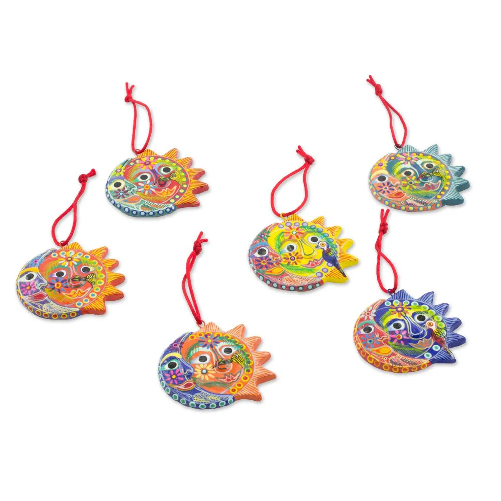 Handmade Set of 6 Ceramic Ornaments, 'Flower Eclipse' (Guatemala)
