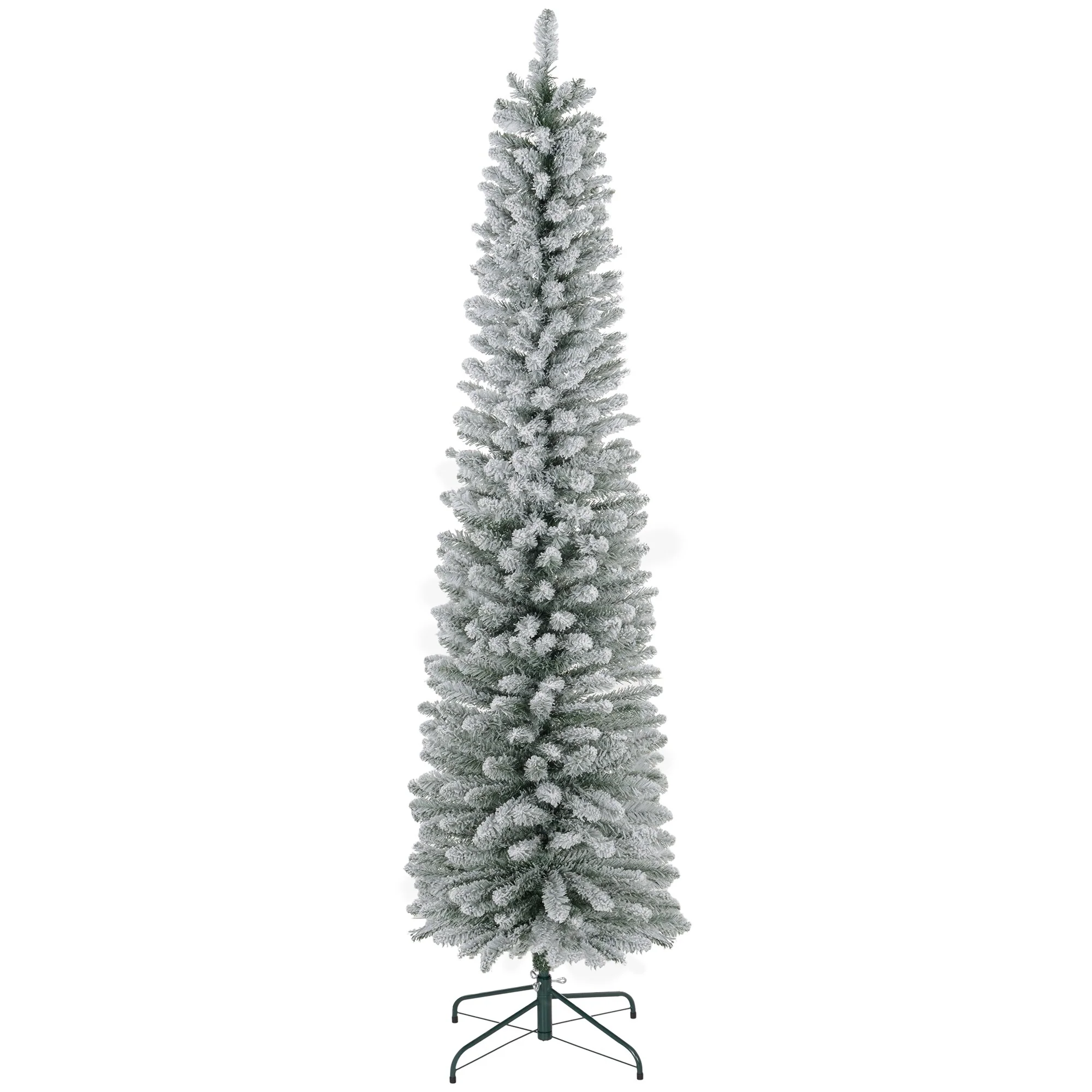 7' Artificial Pencil Christmas Tree with Snow-Kissed Branches, Space-Saving Slim Design, Metal Base