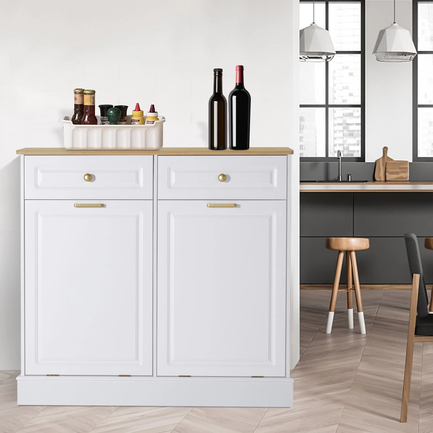 Eclife Double Tilt Out Trash Cabinet Dual Wooden Kitchen Island Recycling Cabinet Trash Can