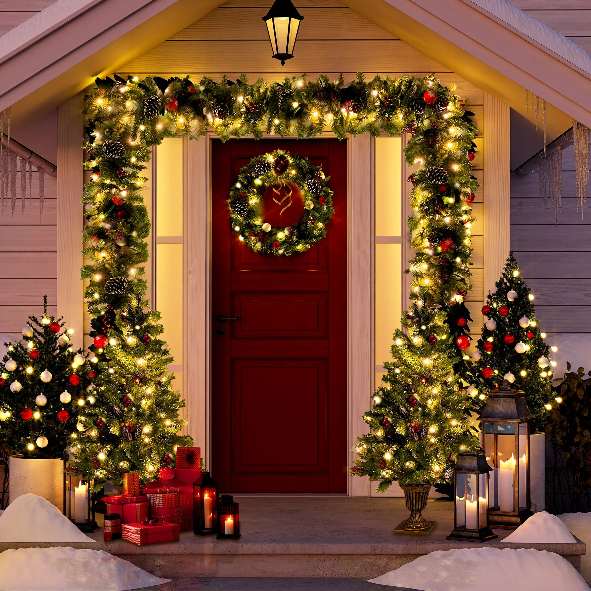 4-Piece Artificial Xmas Tree Set with Warm LED Lights for Holiday Decor