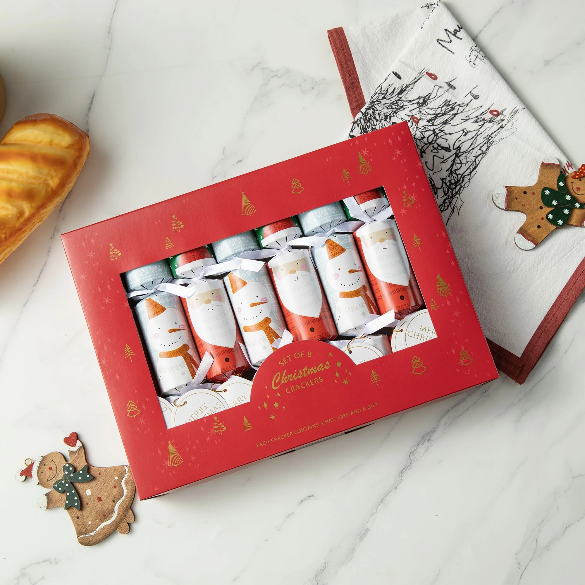 Glitzhome 16PK Christmas Santa Snowman & Holy Leaves Party Crackers with Gift Contents