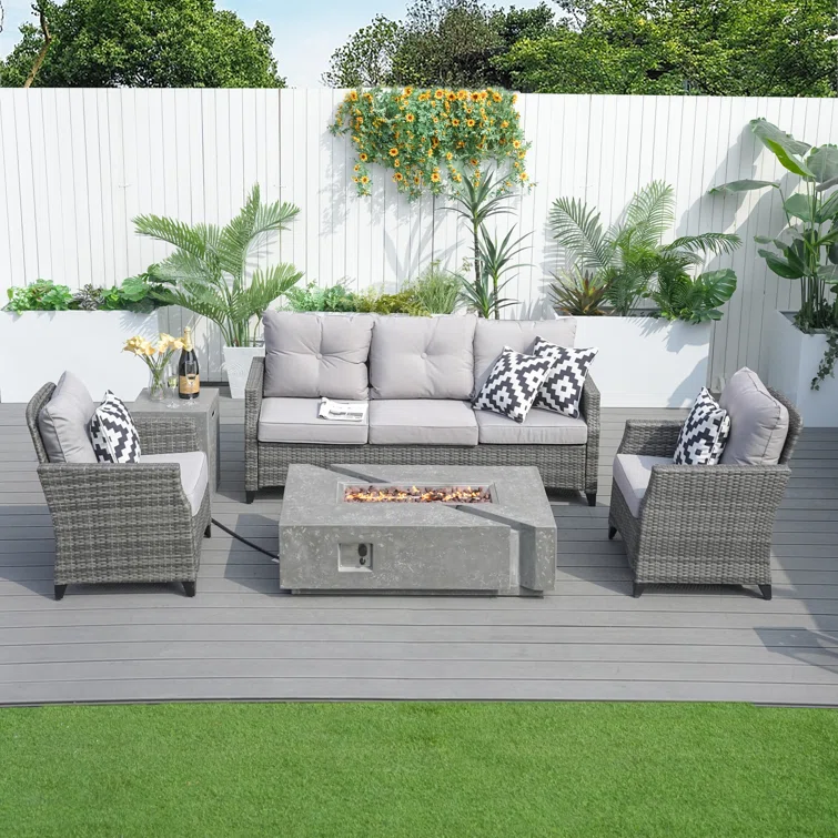 Julia 5- Person Outdoor Wicker Patio Conversation Furniture Set With Fire Pit