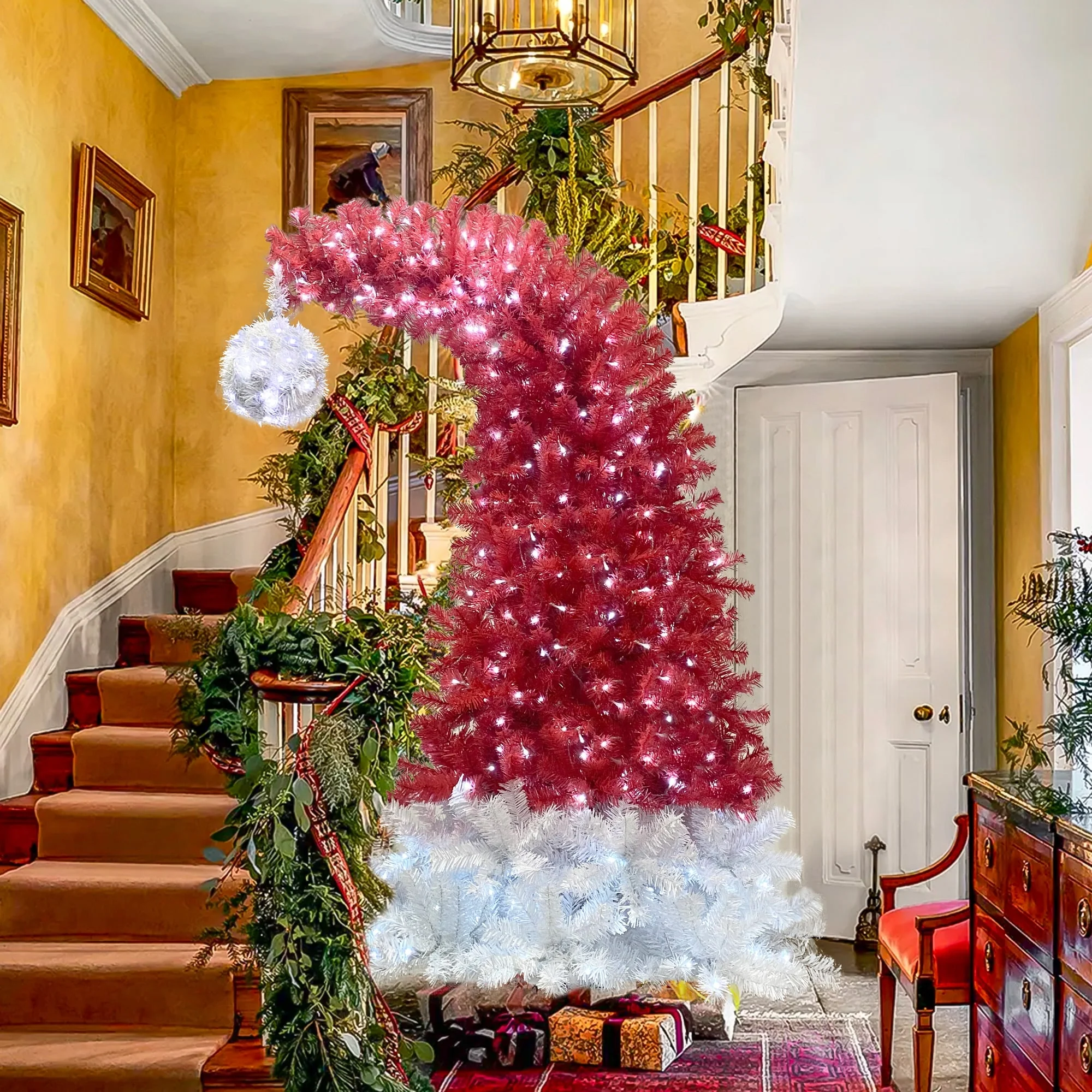 6FT Bendable Santa Hat Christmas Tree, Prelit with 300 LED Lights, Festive Red & White Design for Holiday Decor
