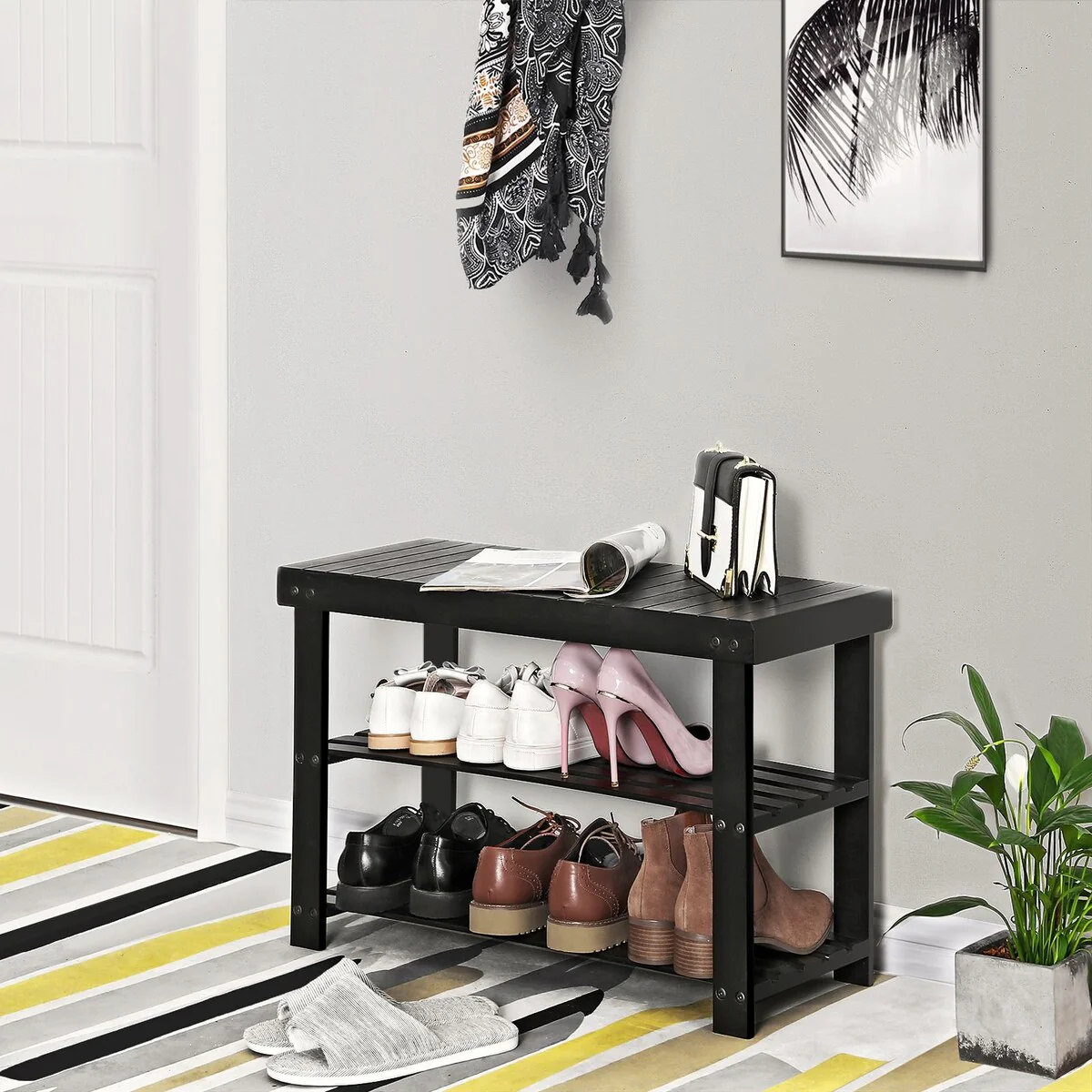 SONGMICS Black Shoe Rack Bench, 3-Tier Bamboo Shoe Organizer, Storage Shelf,Ideal for Entryway Hallway Bathroom Living Room