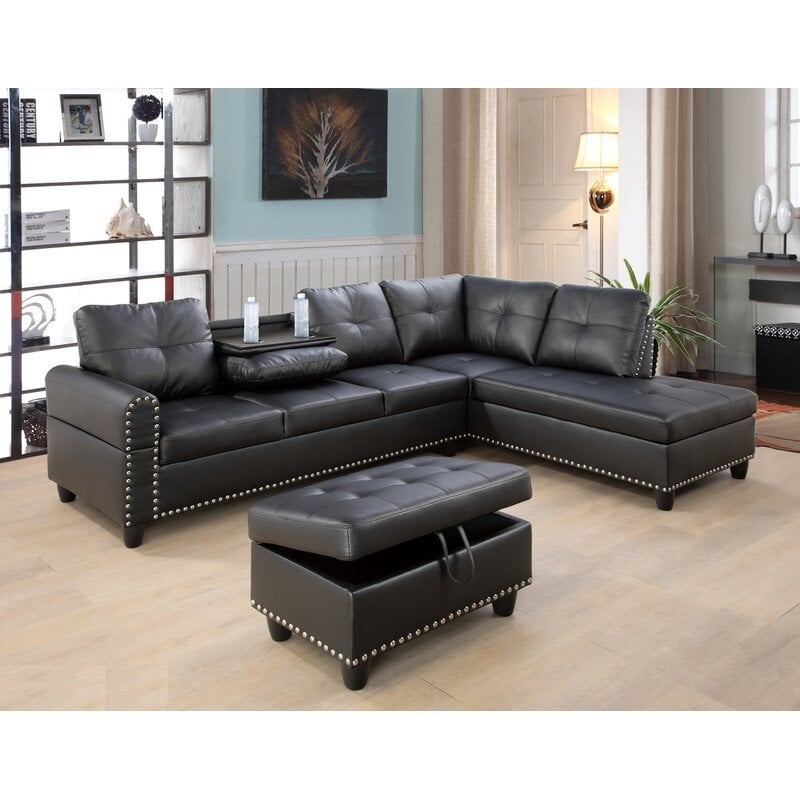 Brandow 97.2 Wide Faux Leather Sofa & Chaise with Ottoman