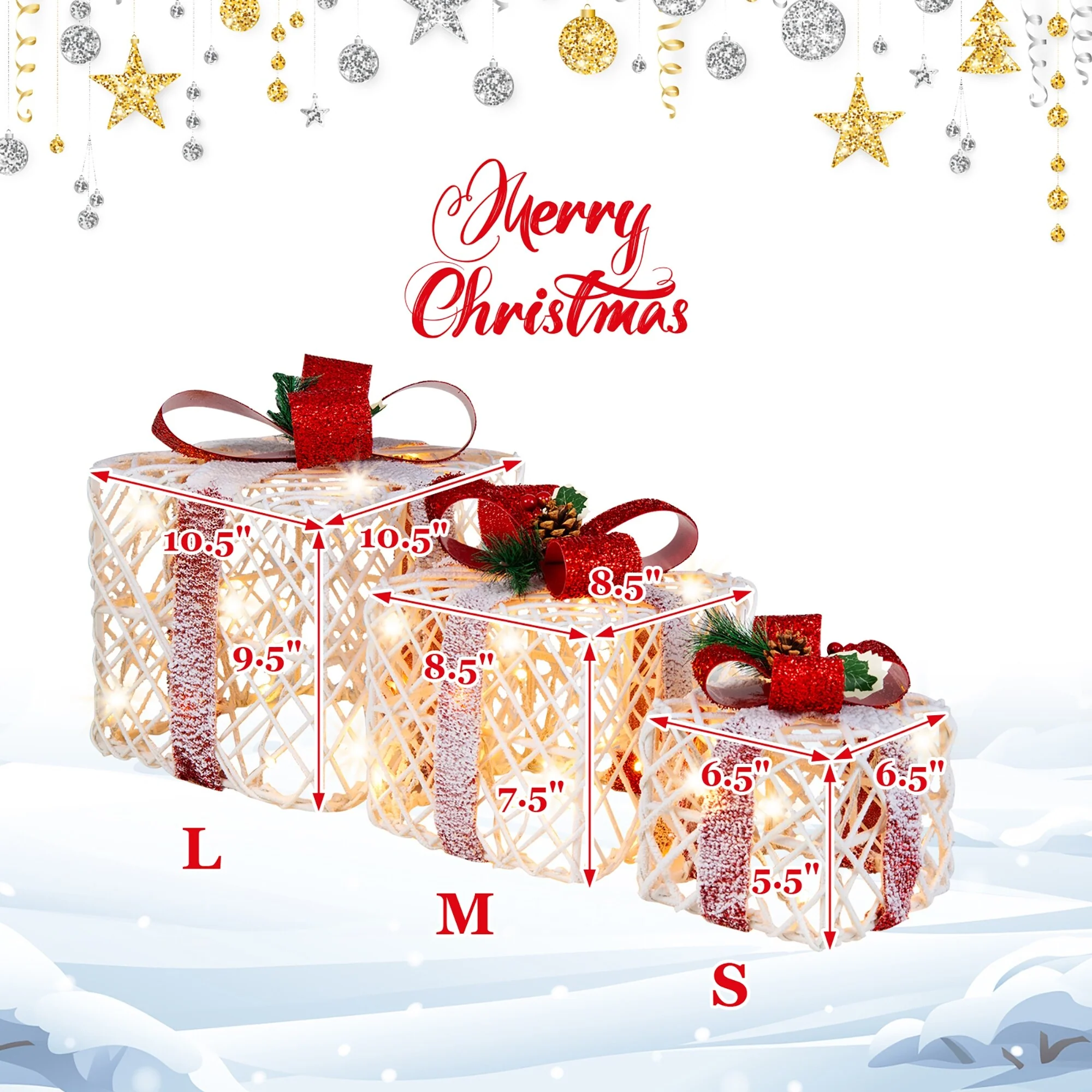 Costway Set of 3 Christmas Lighted Gift Boxes, Indoor Present Box - 9.5''x 9.5''x 10.5''(L x W x H)