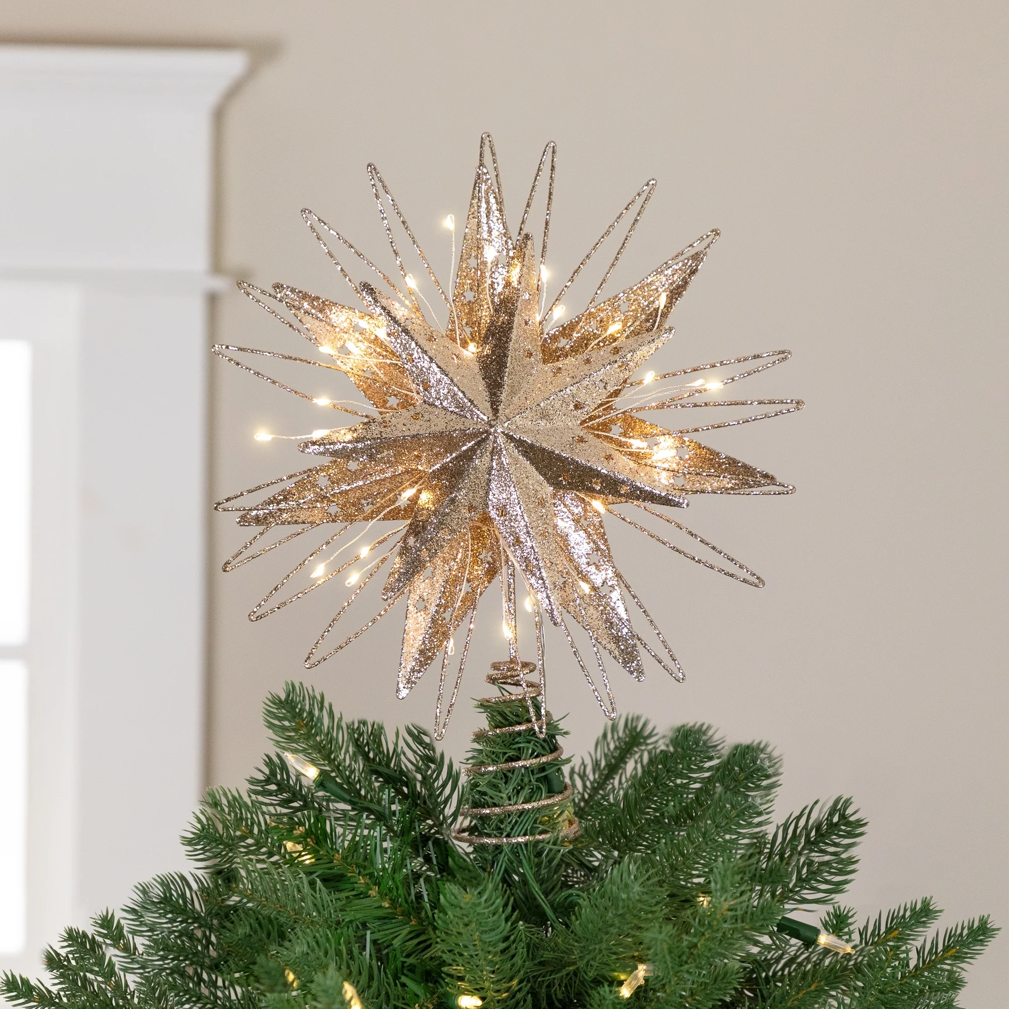 LED Lighted Starburst Glittered Christmas Tree Topper - 13