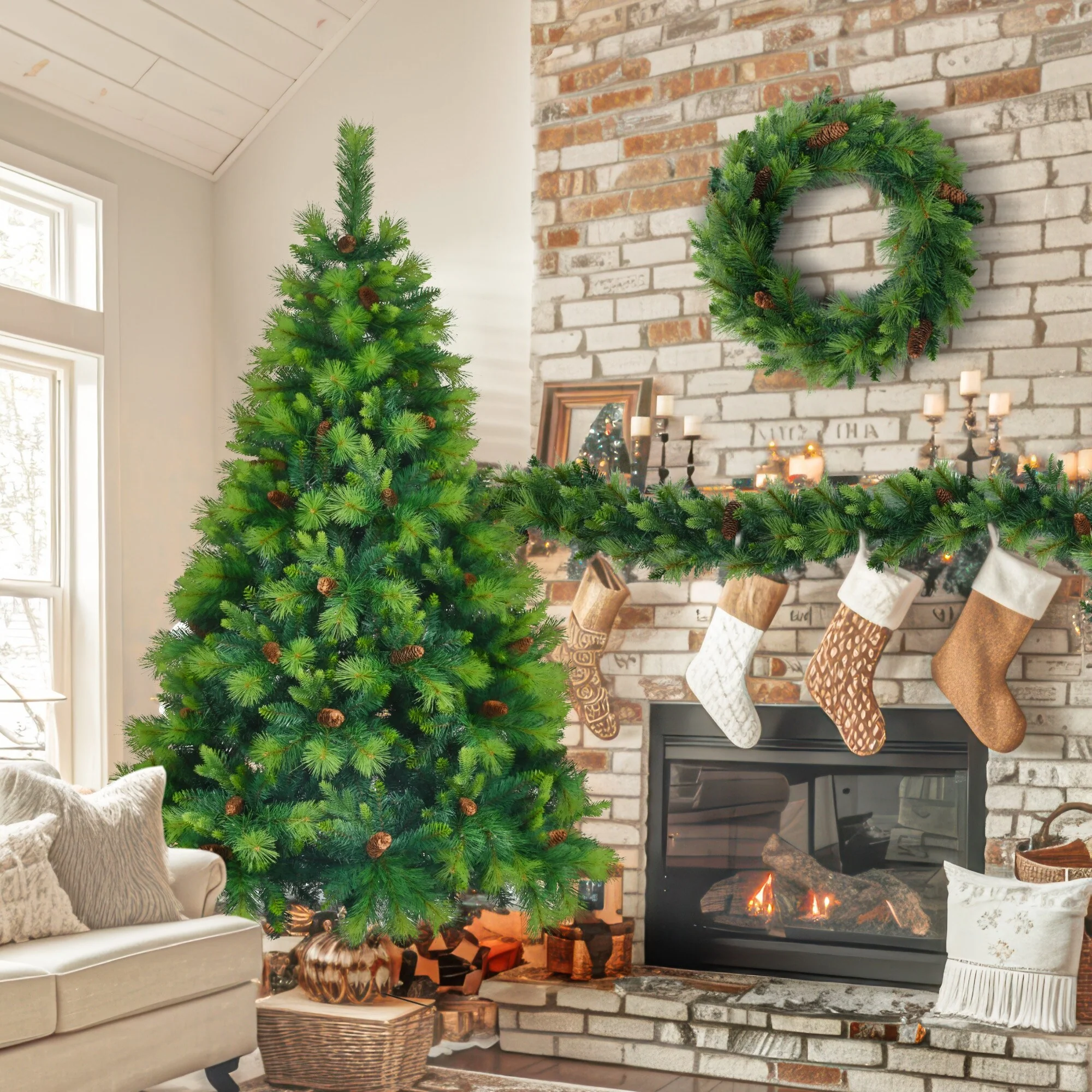6FT Grass Green Christmas Tree,Large Branches Pine Tree,Pre-Lit Set with Tree & Garland & Wreath - N/A