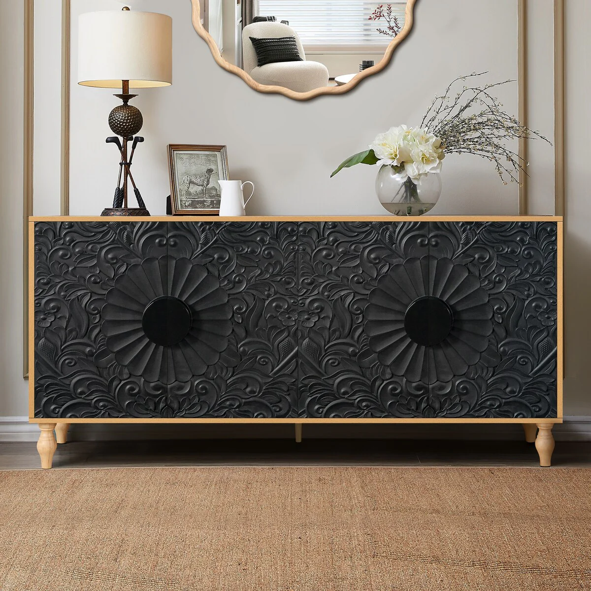 Carved Symmetrical Design Door And Wood Coloured Frame For Tv Stand Table