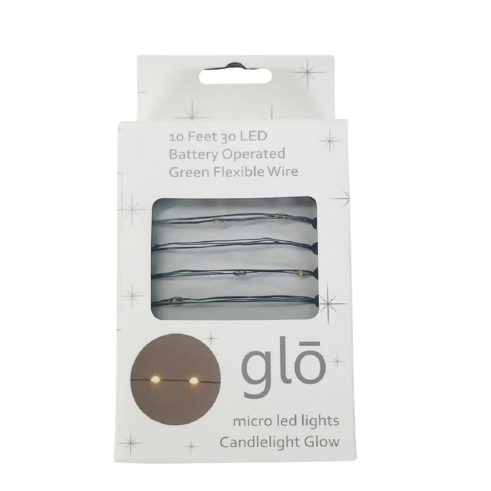 10 Ft 30 LED Micro Light Green Flexible Wire Candlelight Glow Battery Box w/Timer - 10 Feet