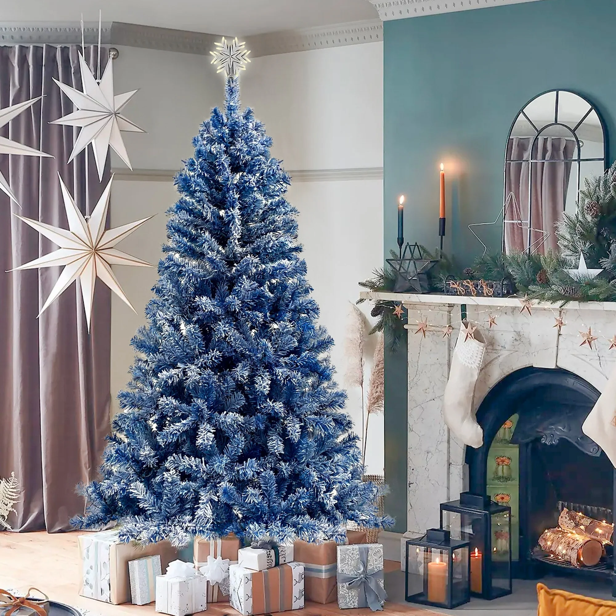 6FT Pre-Lit Hinged Artificial Fir Christmas Tree, 750 Branch Tips, 300 Warm LED Lights, Snowy Holiday Decoration