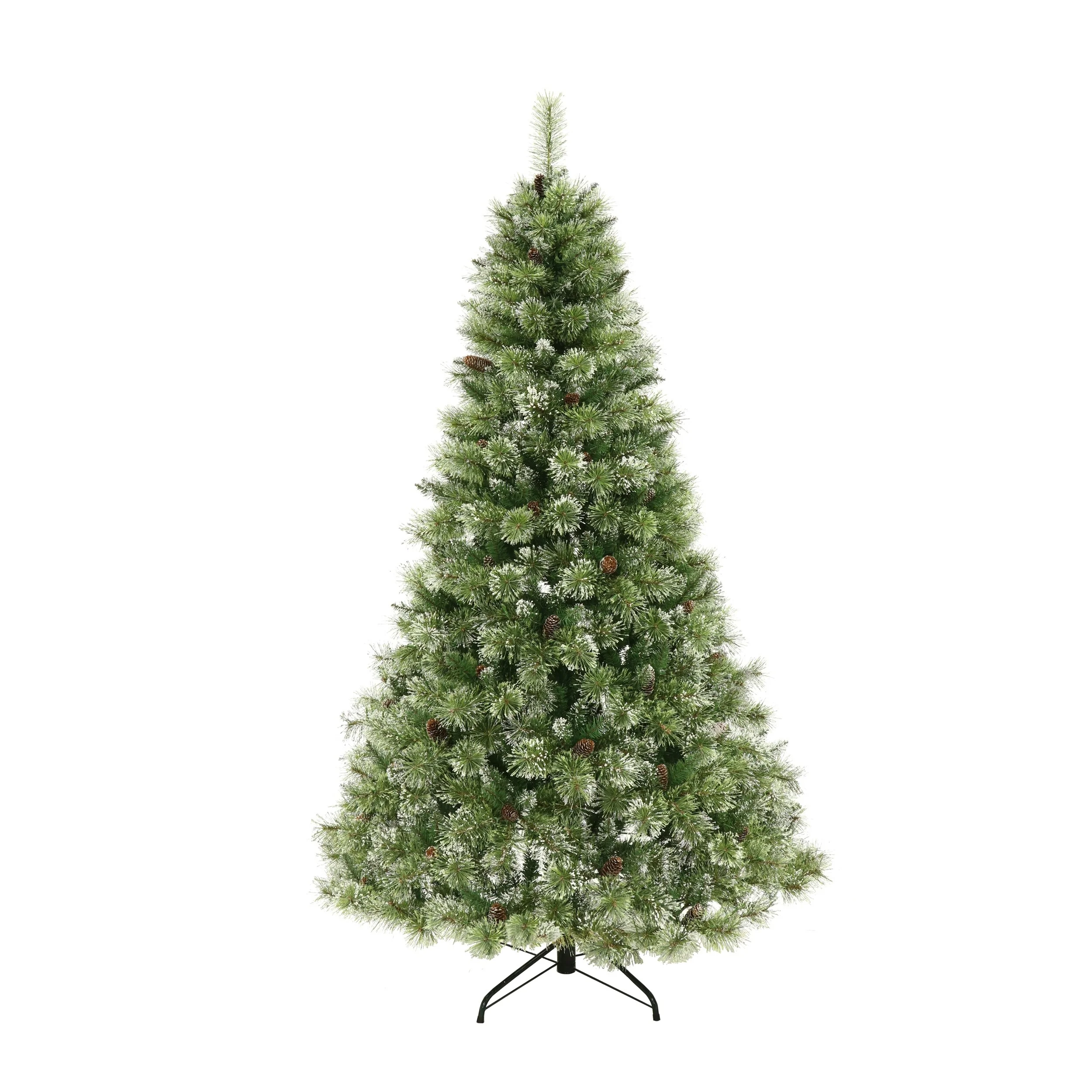 Pre-Lit 7ft Hinged PVC Artificial Christmas Tree, 650 Clear LED Lights, Snow, Glitter & 78 Frosted Pine Cones