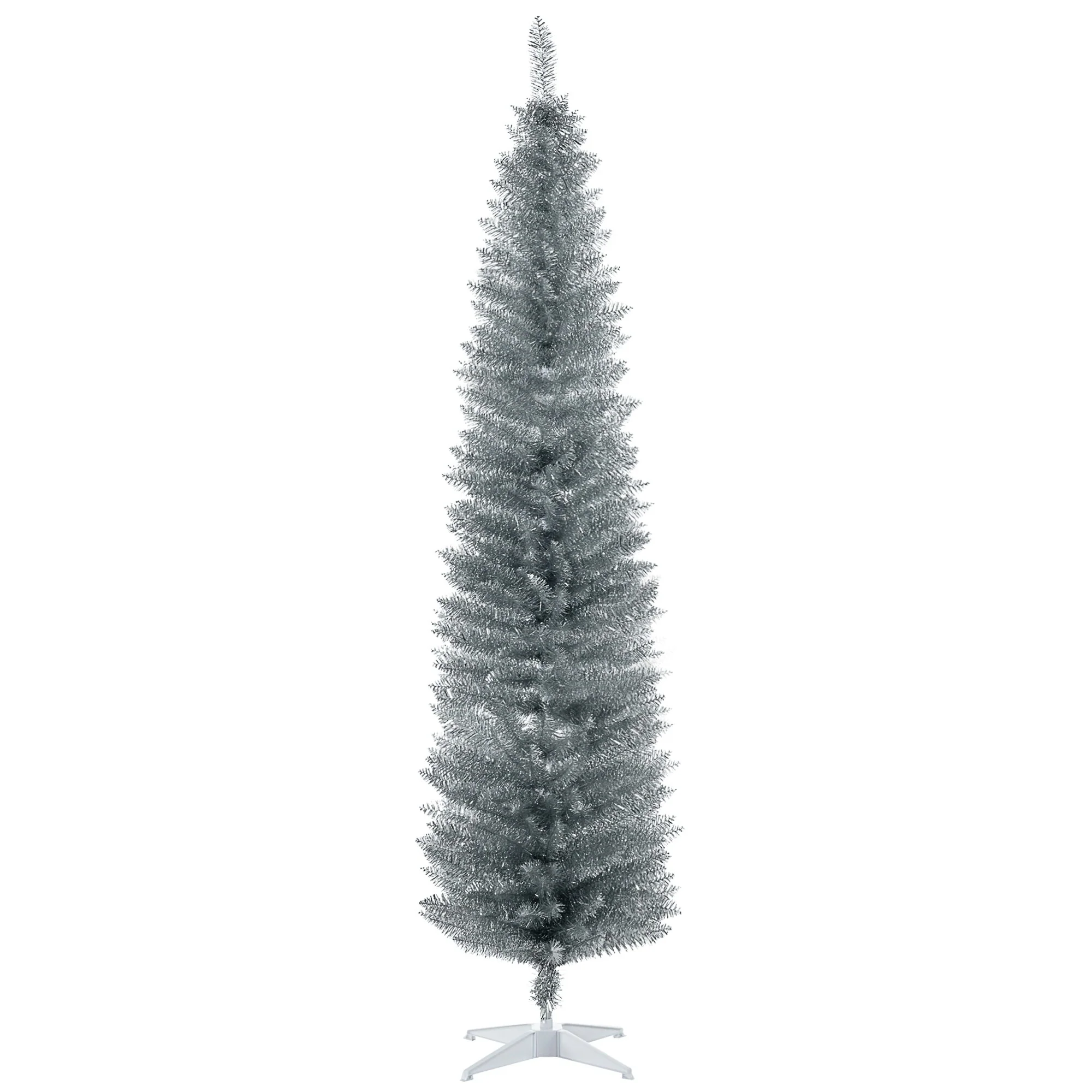 Silver 7' Artificial Pencil Christmas Tree with 499 Branch Tips and Sturdy Plastic Stand for Compact Spaces