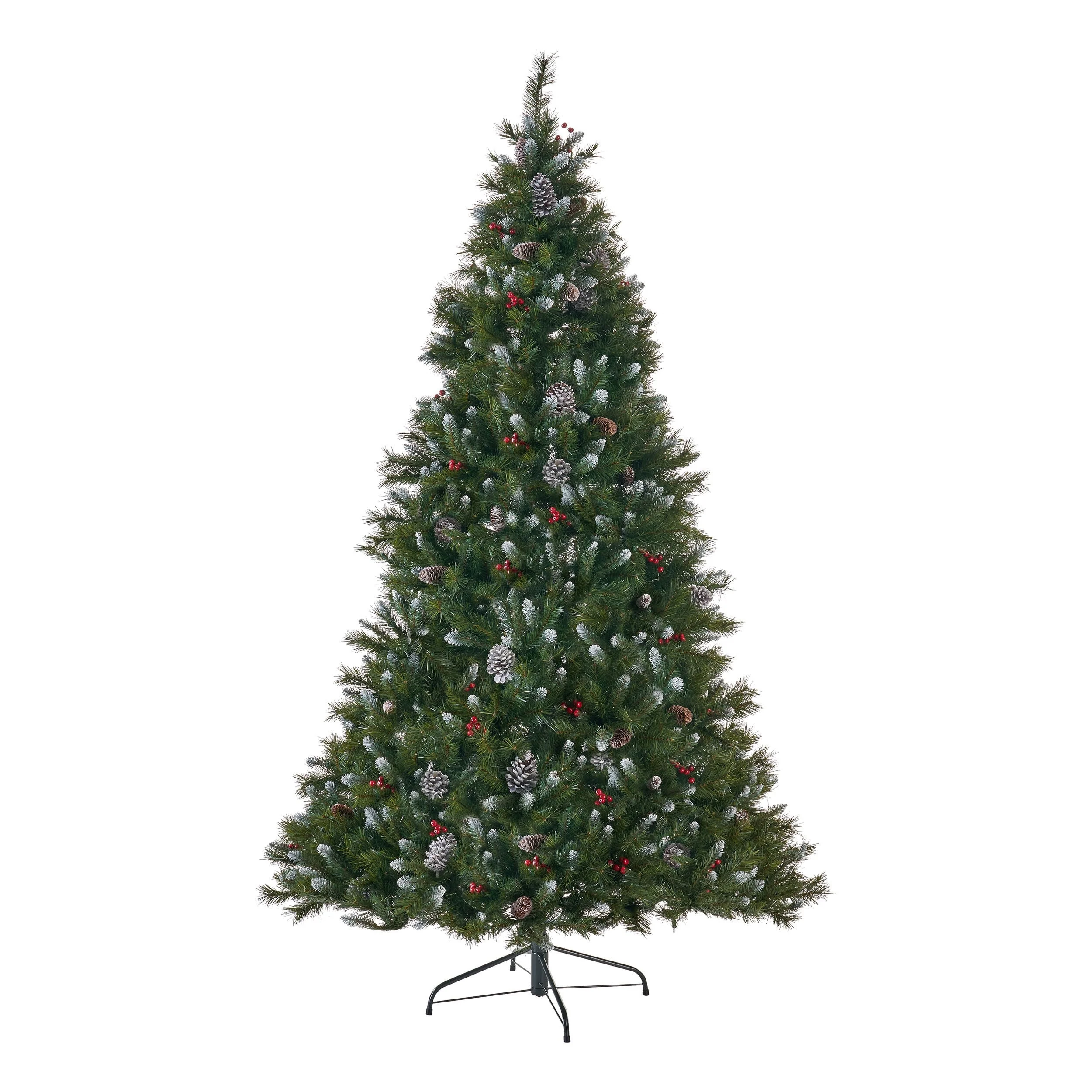 7' Frosted Pine Christmas Tree with 450 Clear Lights, 52 Pine Cones & 26 Red Berries, 1219 Tips