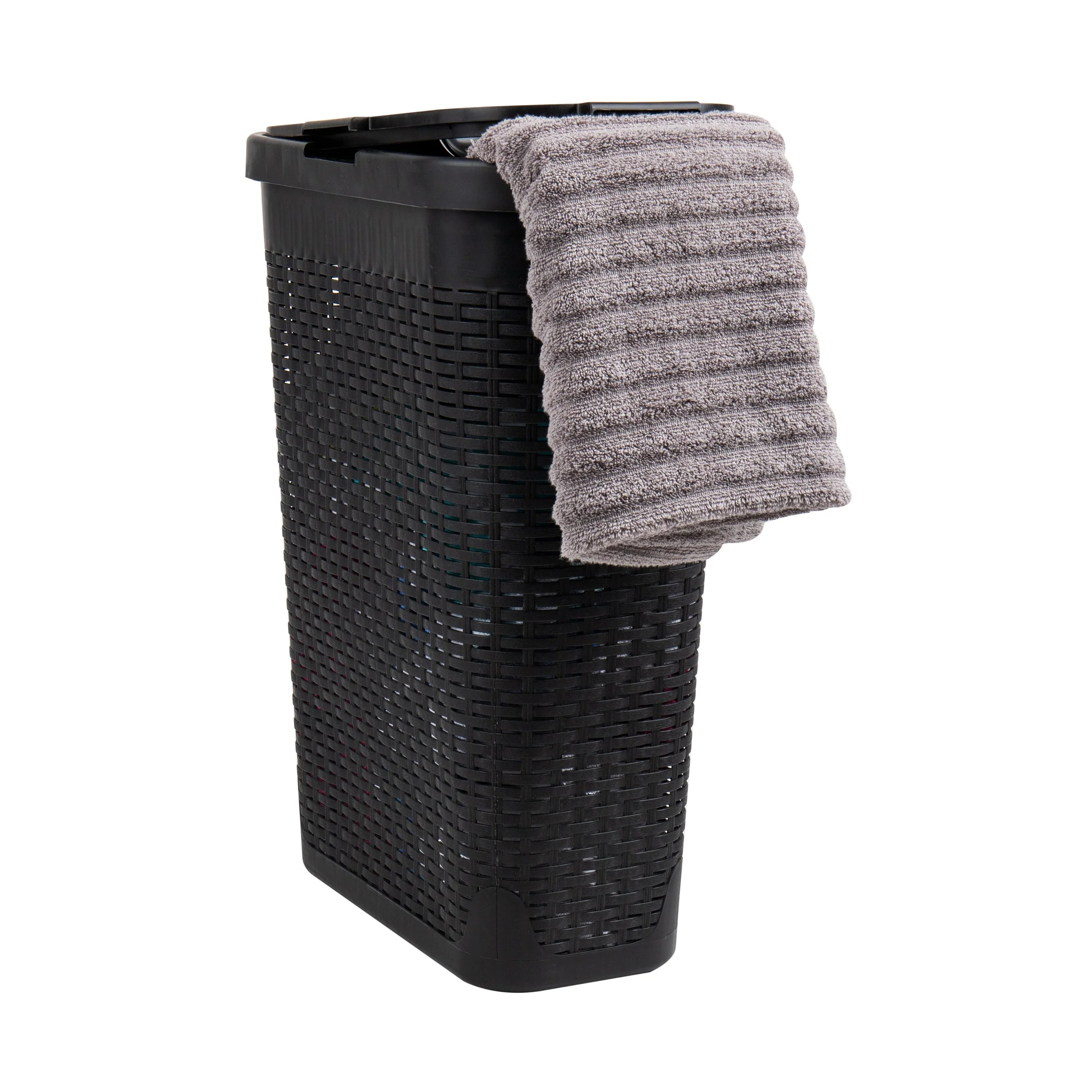 Mind Reader 40L Slim Laundry Hamper, Clothes Basket, Lid, Wicker Design, Plastic, 18