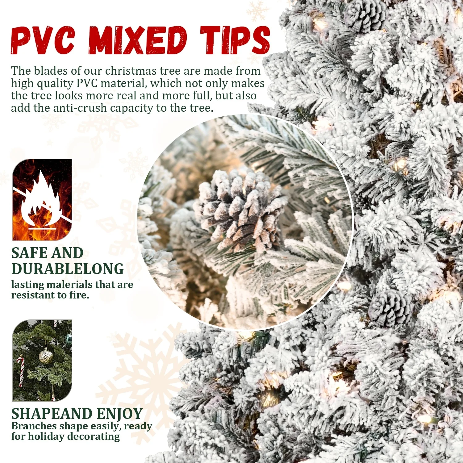 6FT Snow-Flocked Christmas Tree with Pine Cones, Prelit, Easy Setup, and Reinforced Metal Base